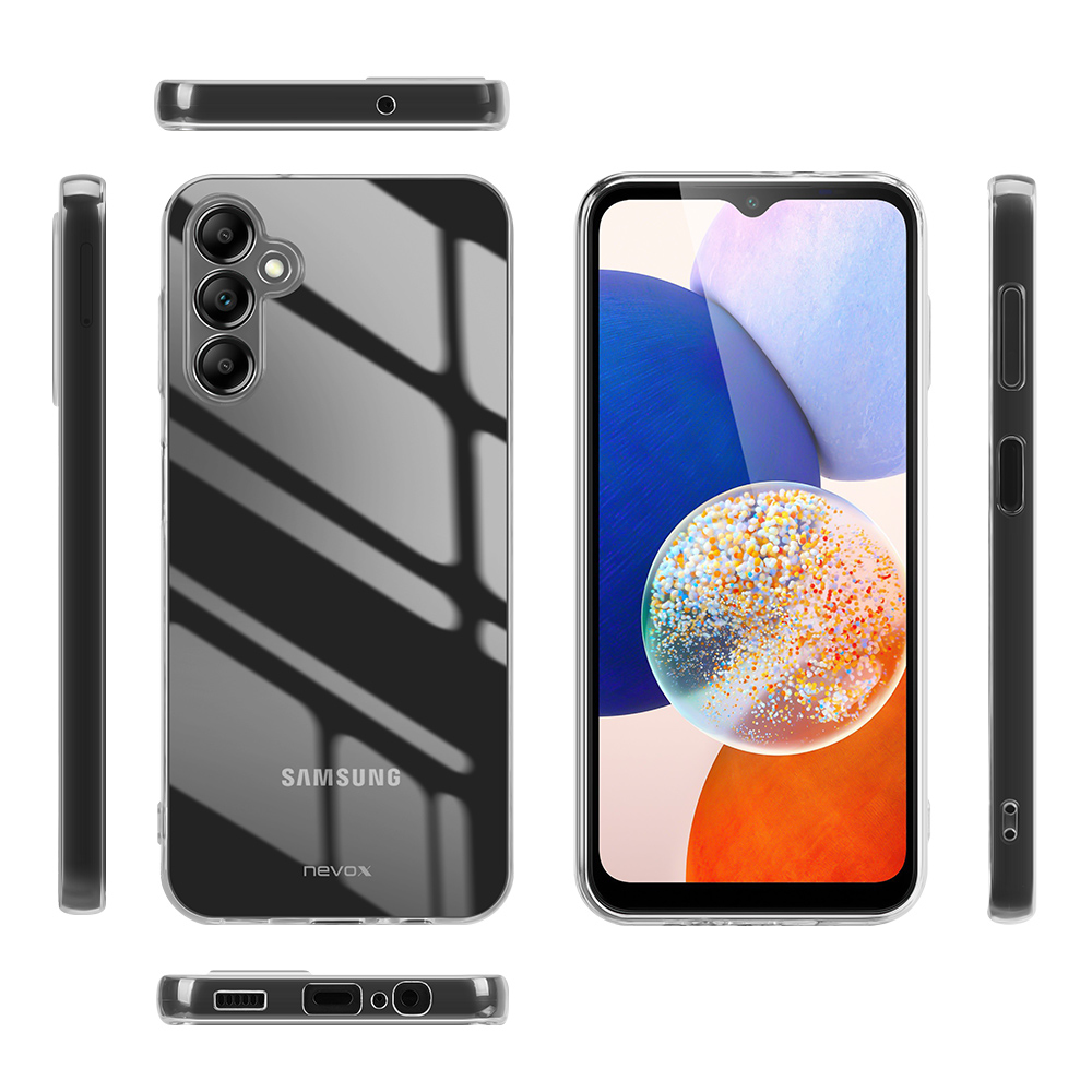 Un telefono in una custodia trasparente, con schermo nero e tre fotocamere. Vengono mostrate più angolazioni.