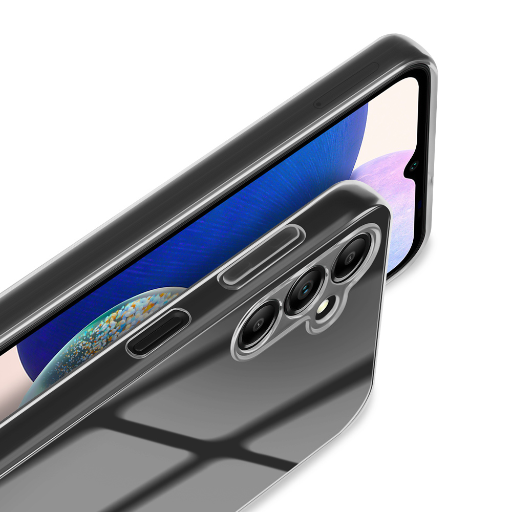 Primo piano di un telefono con custodia trasparente. Mostra le tre fotocamere.
