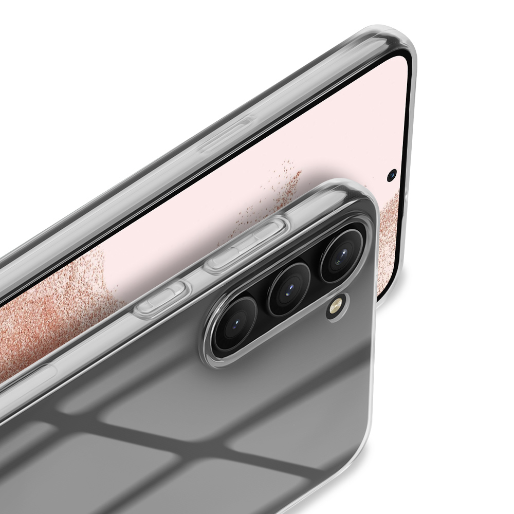 Primo piano di un telefono con custodia trasparente. Il telefono ha tre fotocamere.
