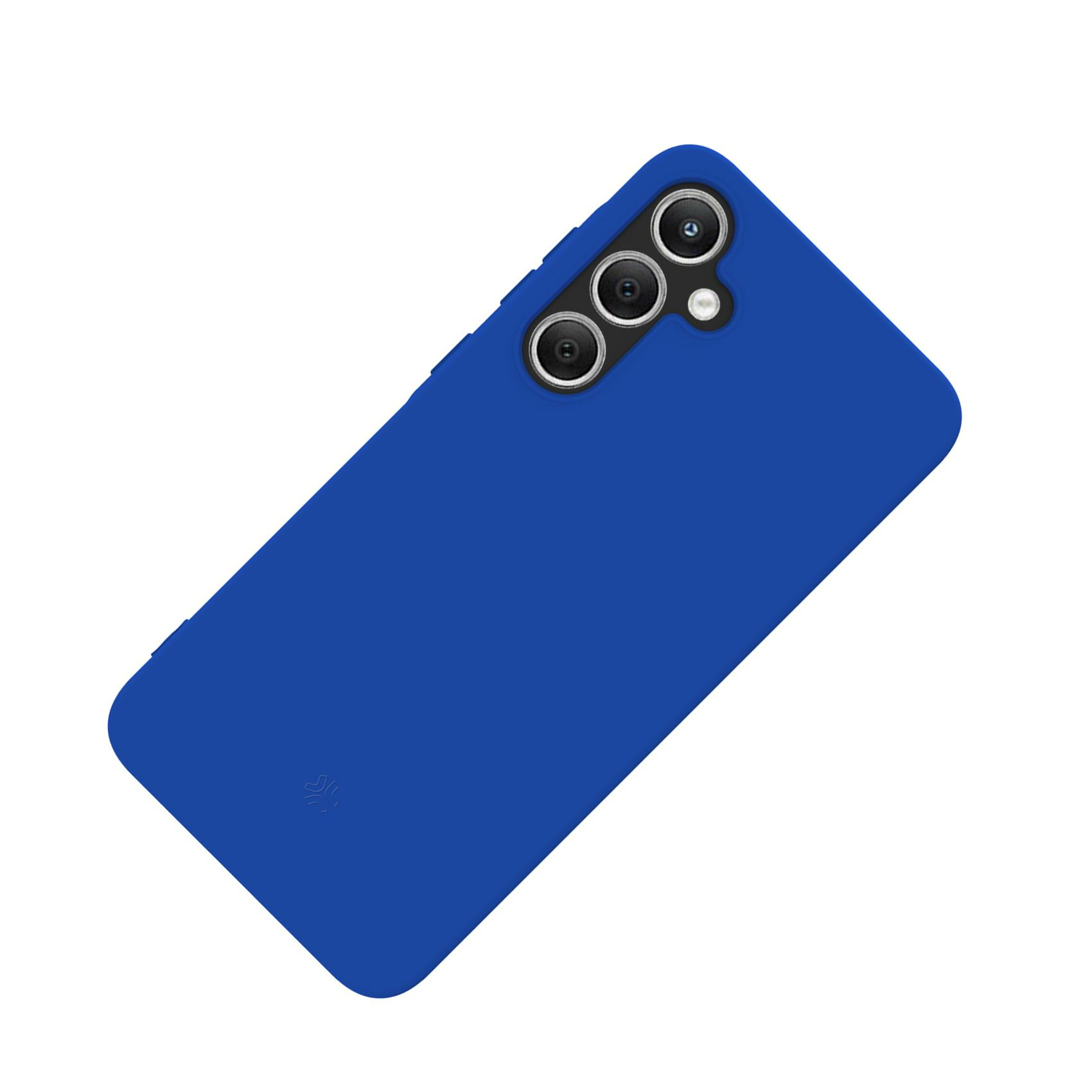 Custodia blu. Telefono con tripla fotocamera posteriore. La custodia ha un logo.