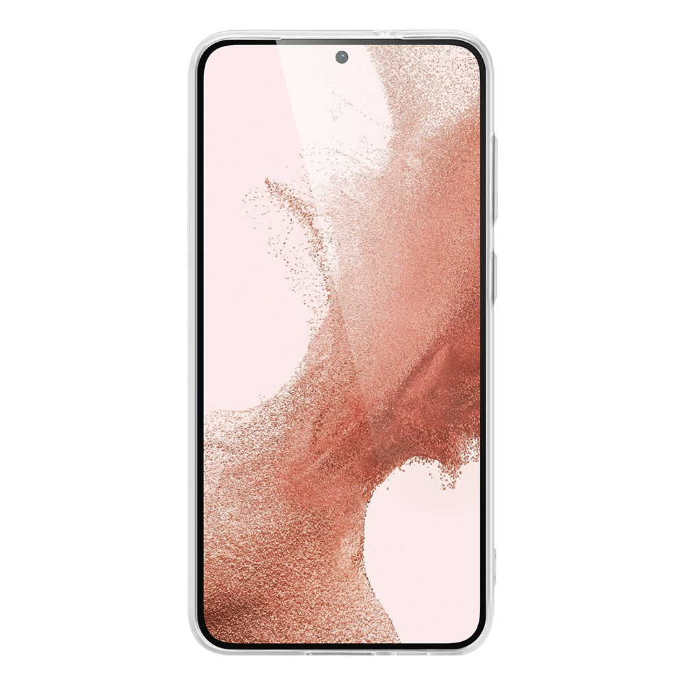 Un telefono in una custodia trasparente con un'immagine sfocata sullo schermo e una tripla fotocamera.