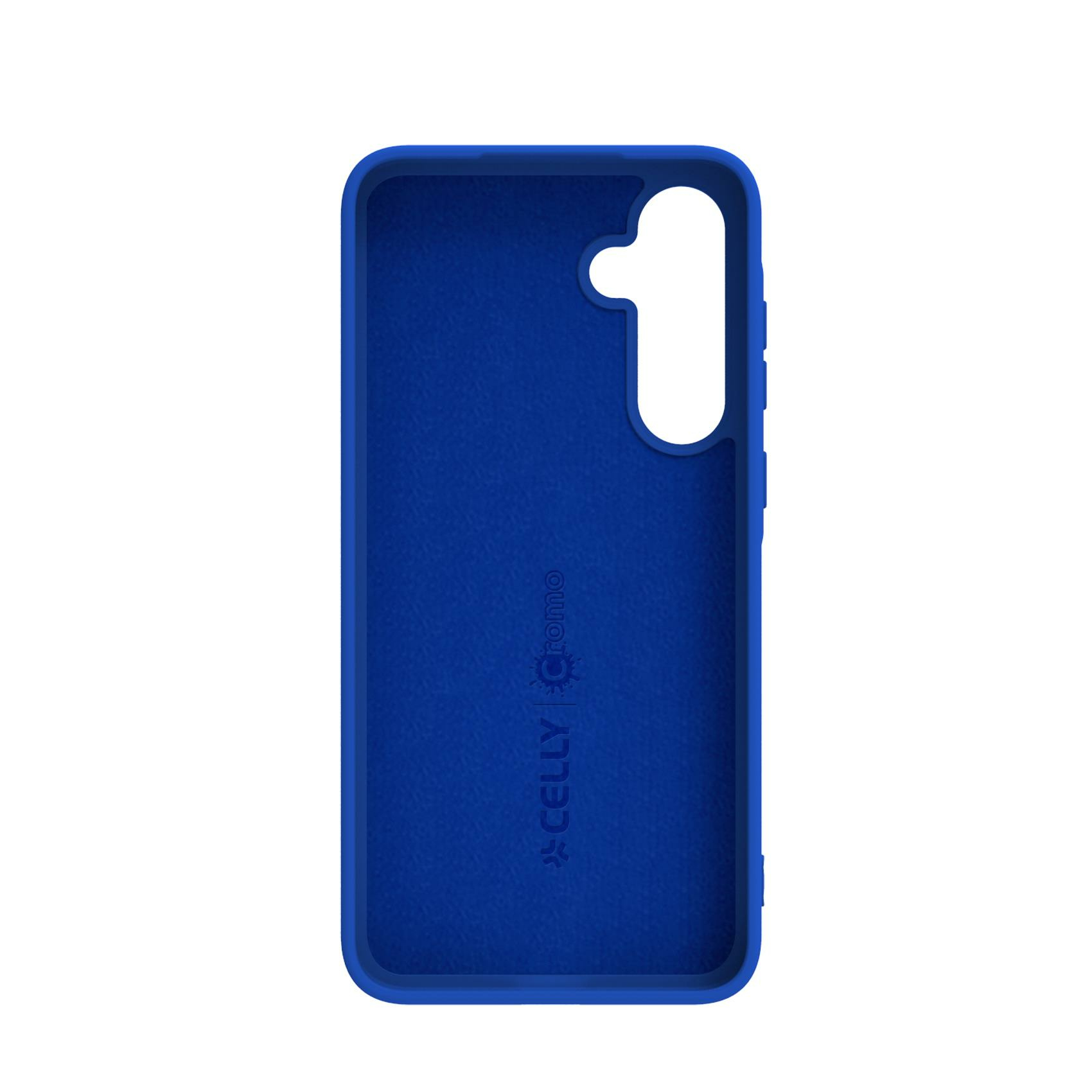 L'interno di una custodia blu per telefono con il logo di Celly Cromo.