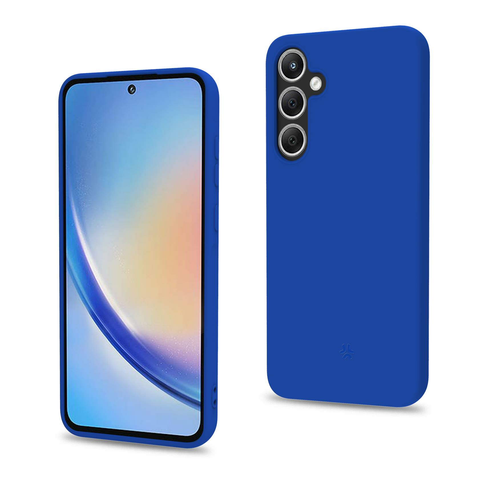 Custodia blu con telefono. Tripla fotocamera, la custodia ha un logo.