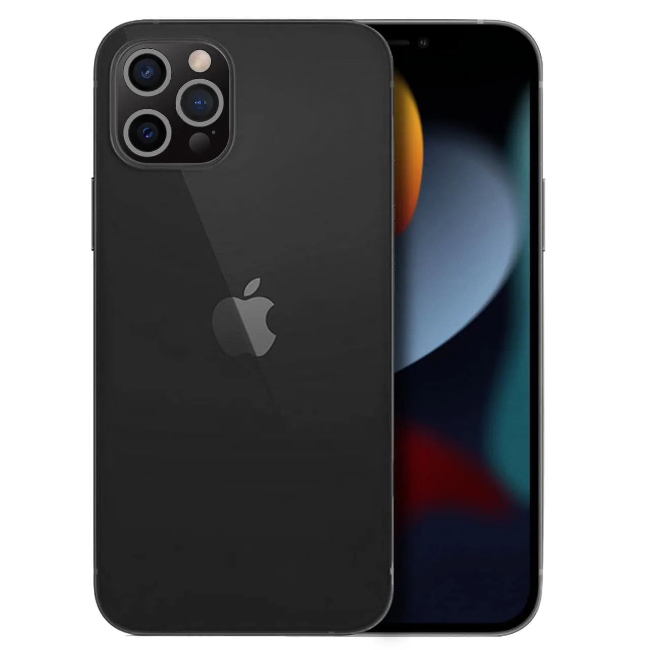 iPhone con custodia nera e logo Apple. Tre fotocamere posteriori visibili.
