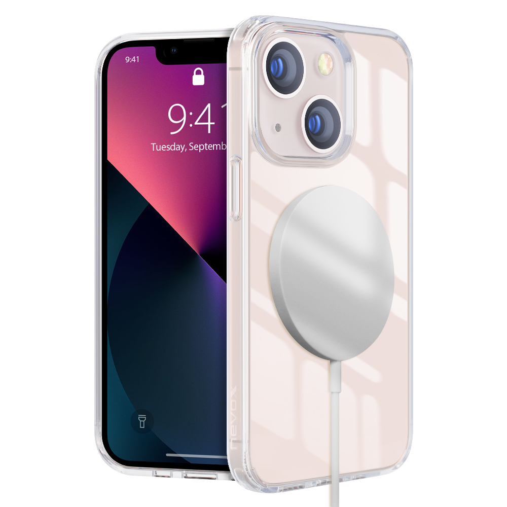 Custodia trasparente per telefono su un telefono con display. Il telefono ha un cerchio bianco sul retro.