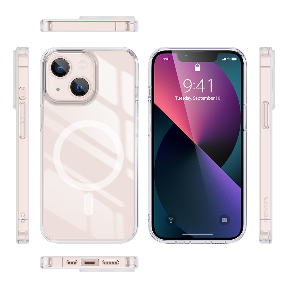 Custodia trasparente per telefono su un telefono con display. Il telefono ha un cerchio bianco sul retro.