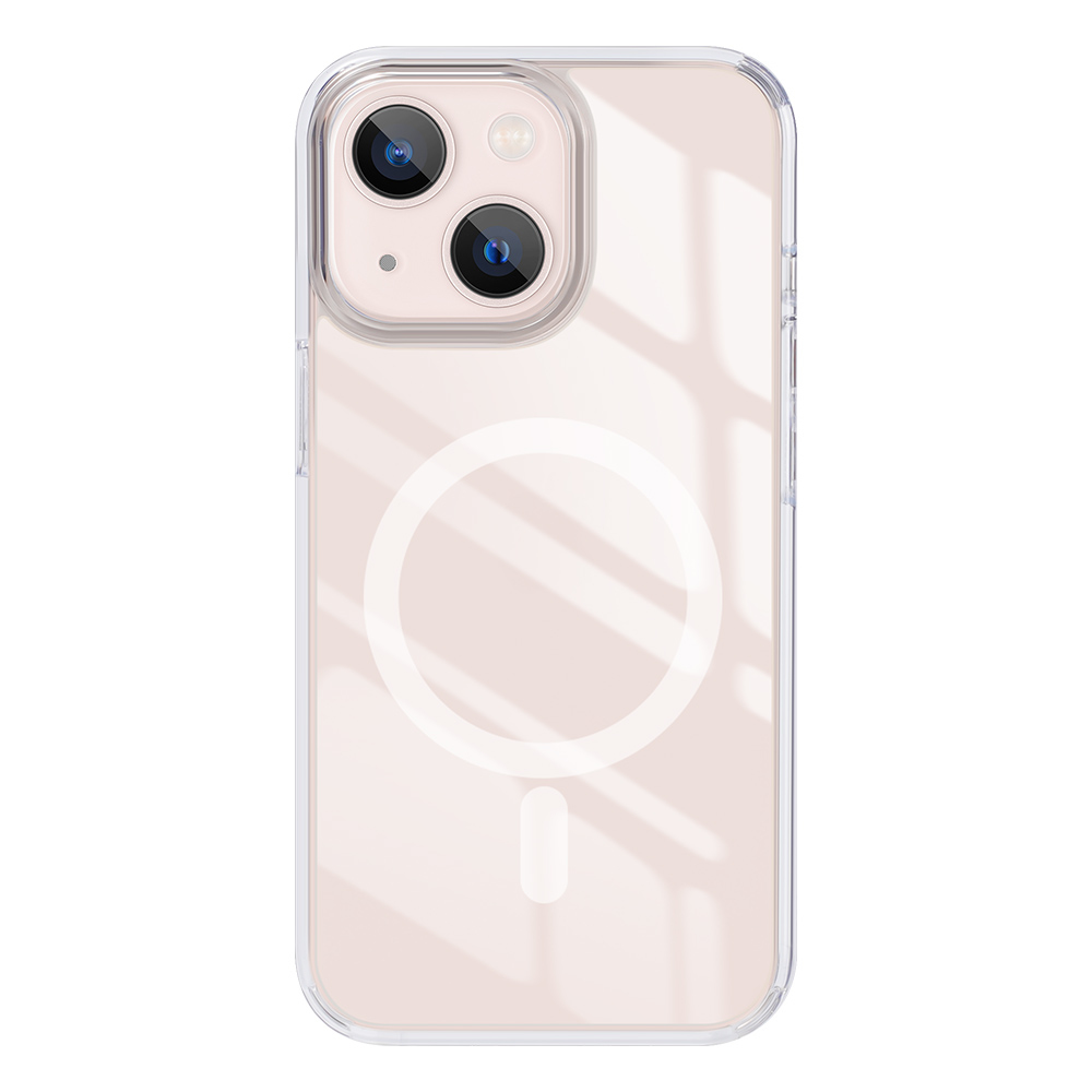 iPhone in custodia trasparente con MagSafe. Il telefono è rosa.