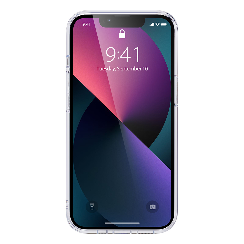 iPhone con custodia. Lo schermo mostra l'ora e la data. Il telefono è su sfondo bianco.