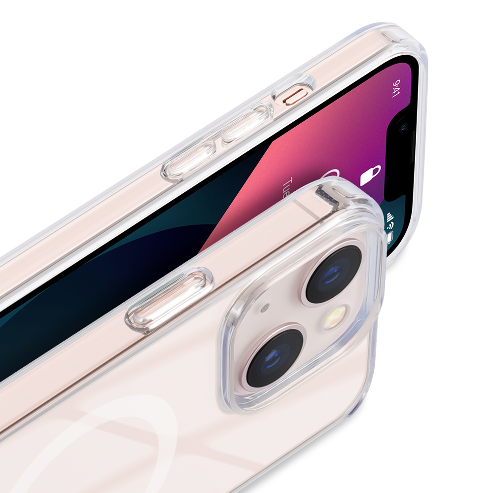Primo piano di iPhone e custodia trasparente. Il telefono è rosa.