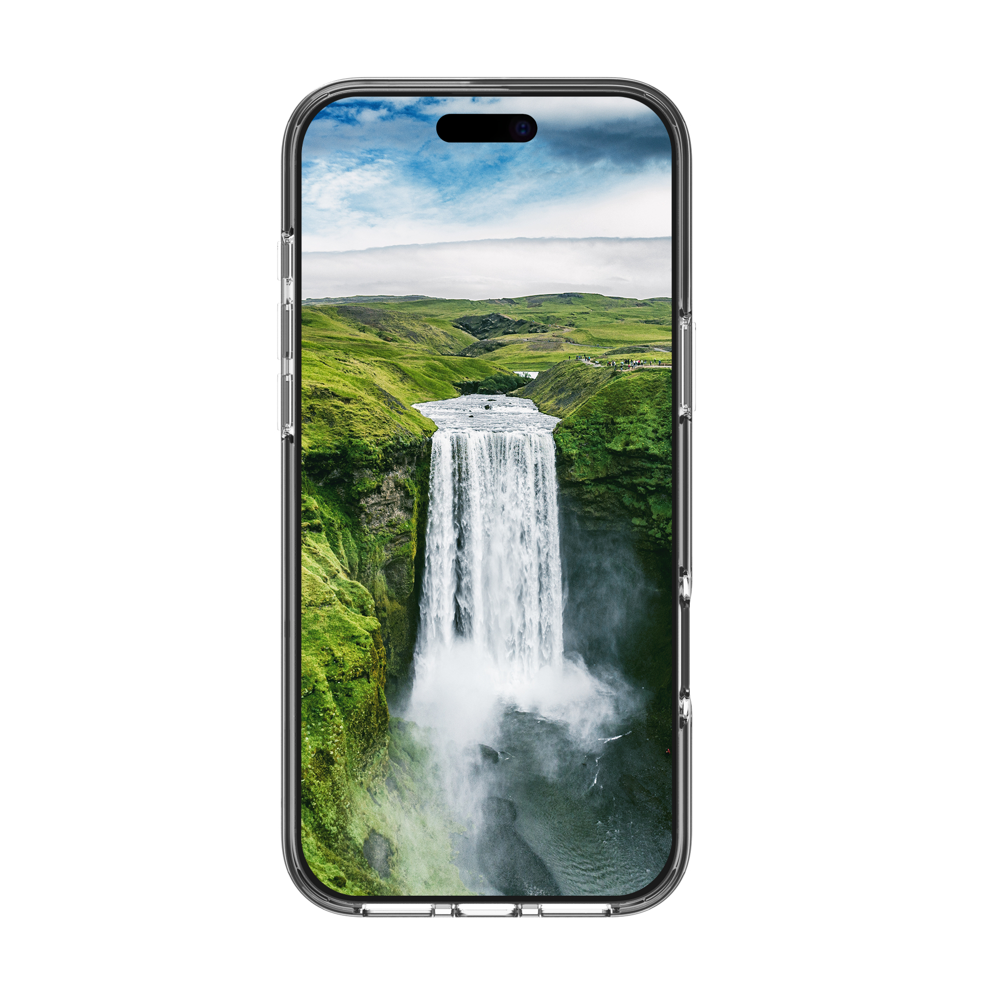 iPhone con custodia. Lo schermo mostra una cascata con colline verdi. Il telefono è su sfondo bianco.