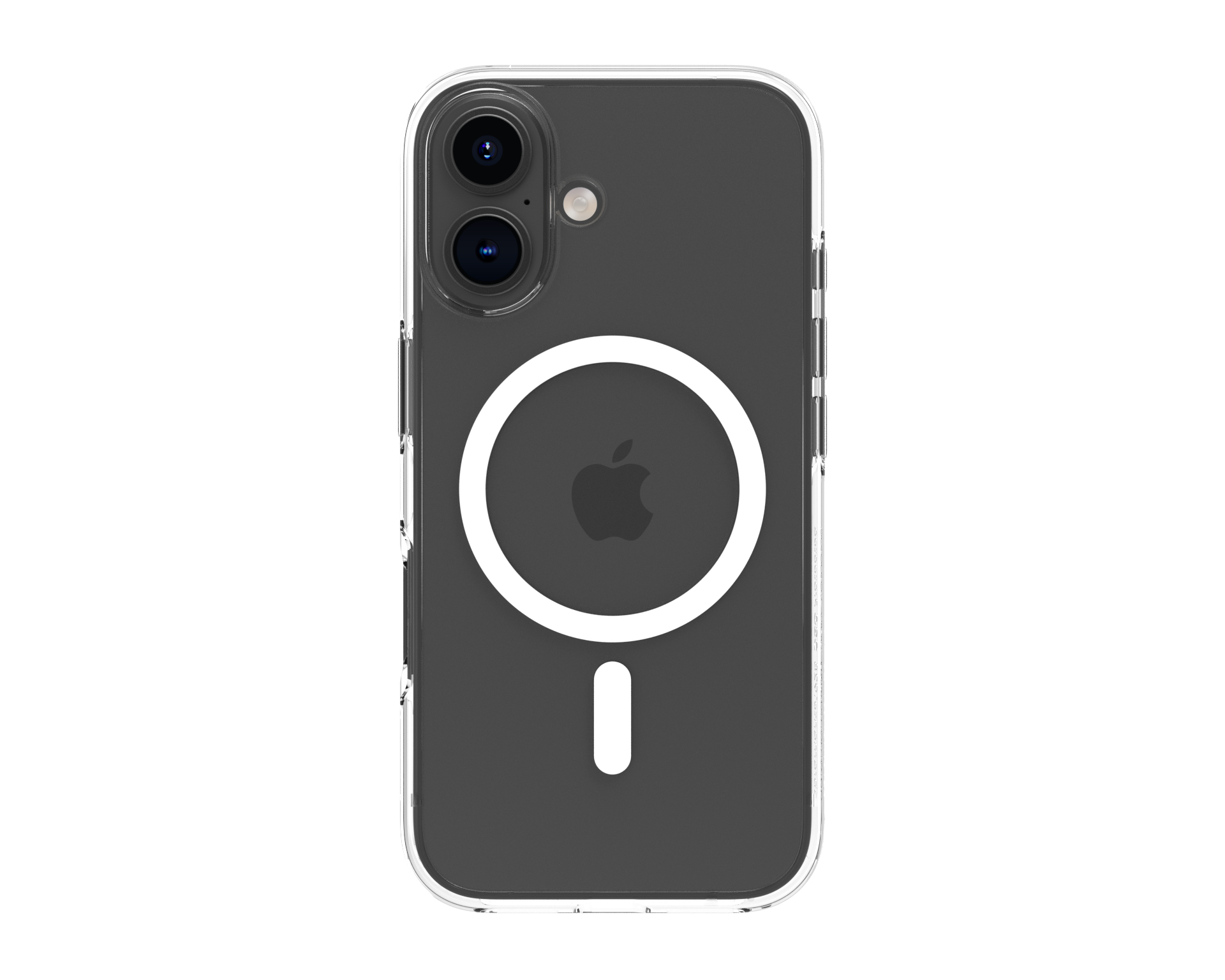 Custodia trasparente per iPhone con logo Apple e anello MagSafe. Il telefono è nero.
