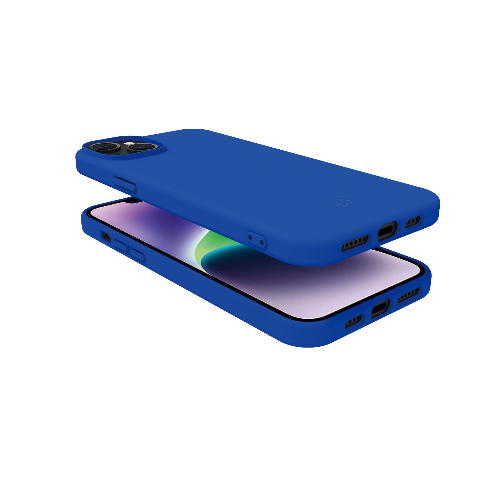 Due custodie blu per telefono, una sopra l'altra. La custodia superiore è angolata e mostra il design del telefono.