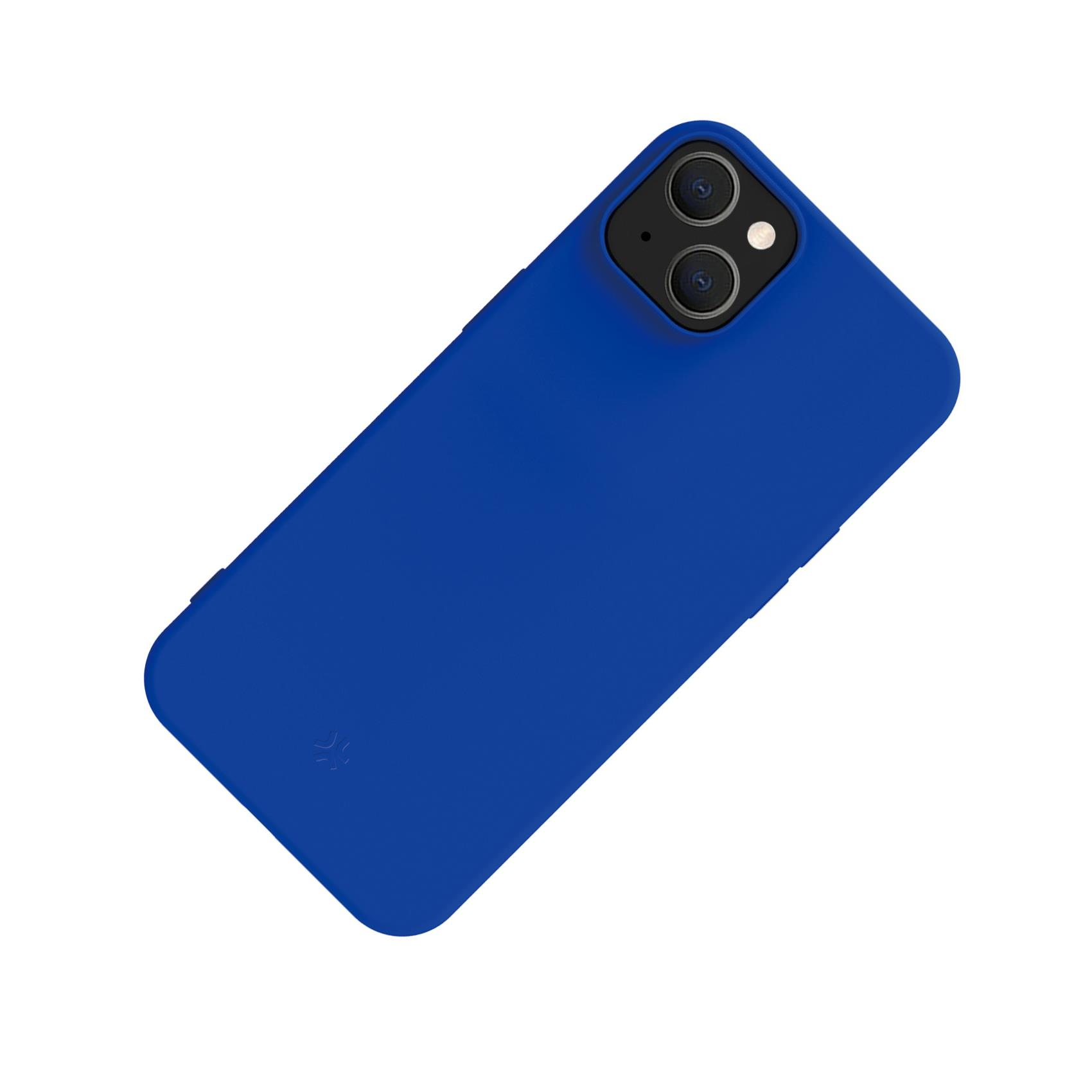 Una custodia blu per telefono è angolata. Il telefono all'interno non è visibile. La custodia ha un piccolo logo.