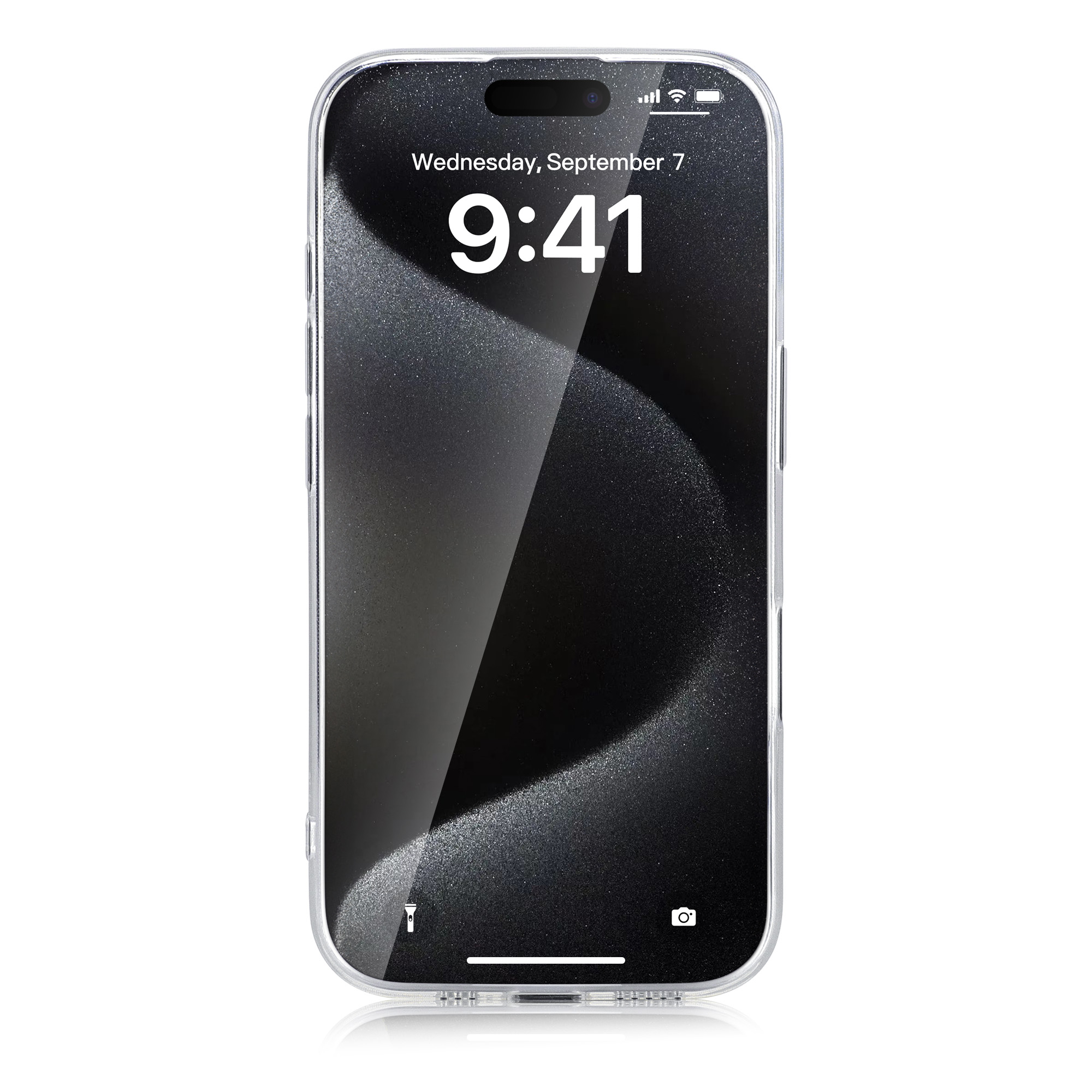 Schermo dello smartphone che mostra ora, data e un motivo di luce. Lo schermo è all'interno di una custodia trasparente.