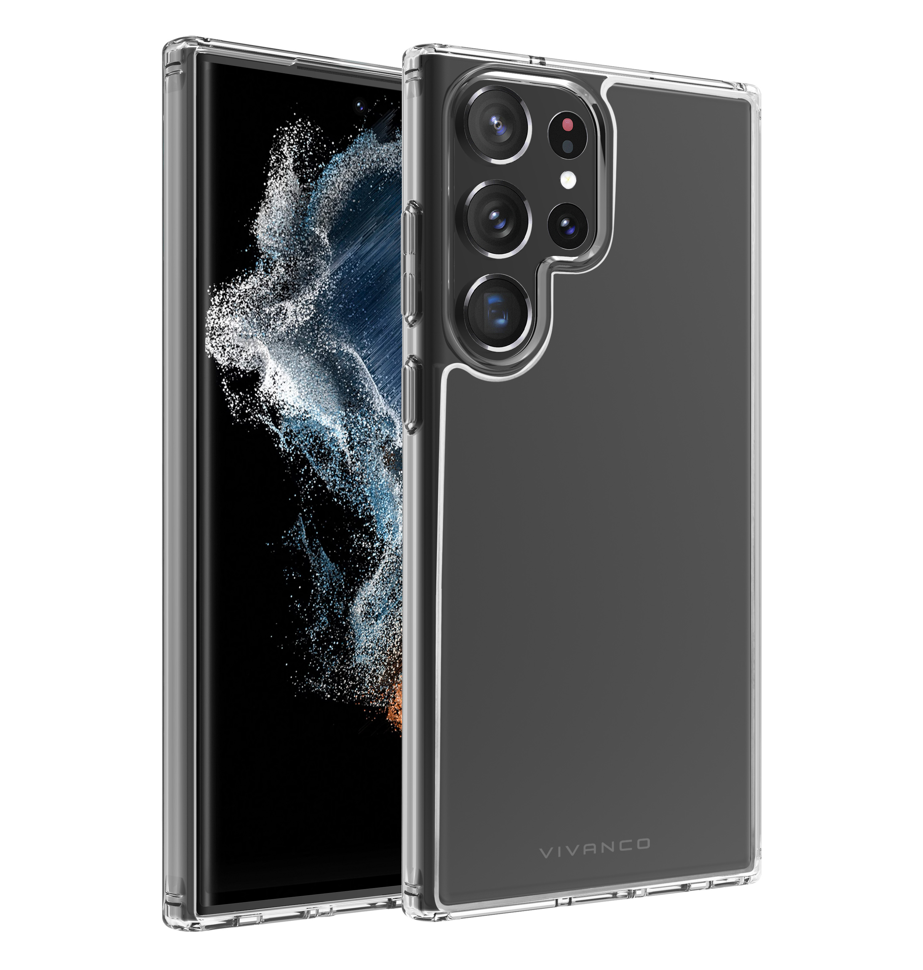 Smartphone in custodia trasparente. La custodia trasparente ha stampato Vivanco. Sfondo bianco.