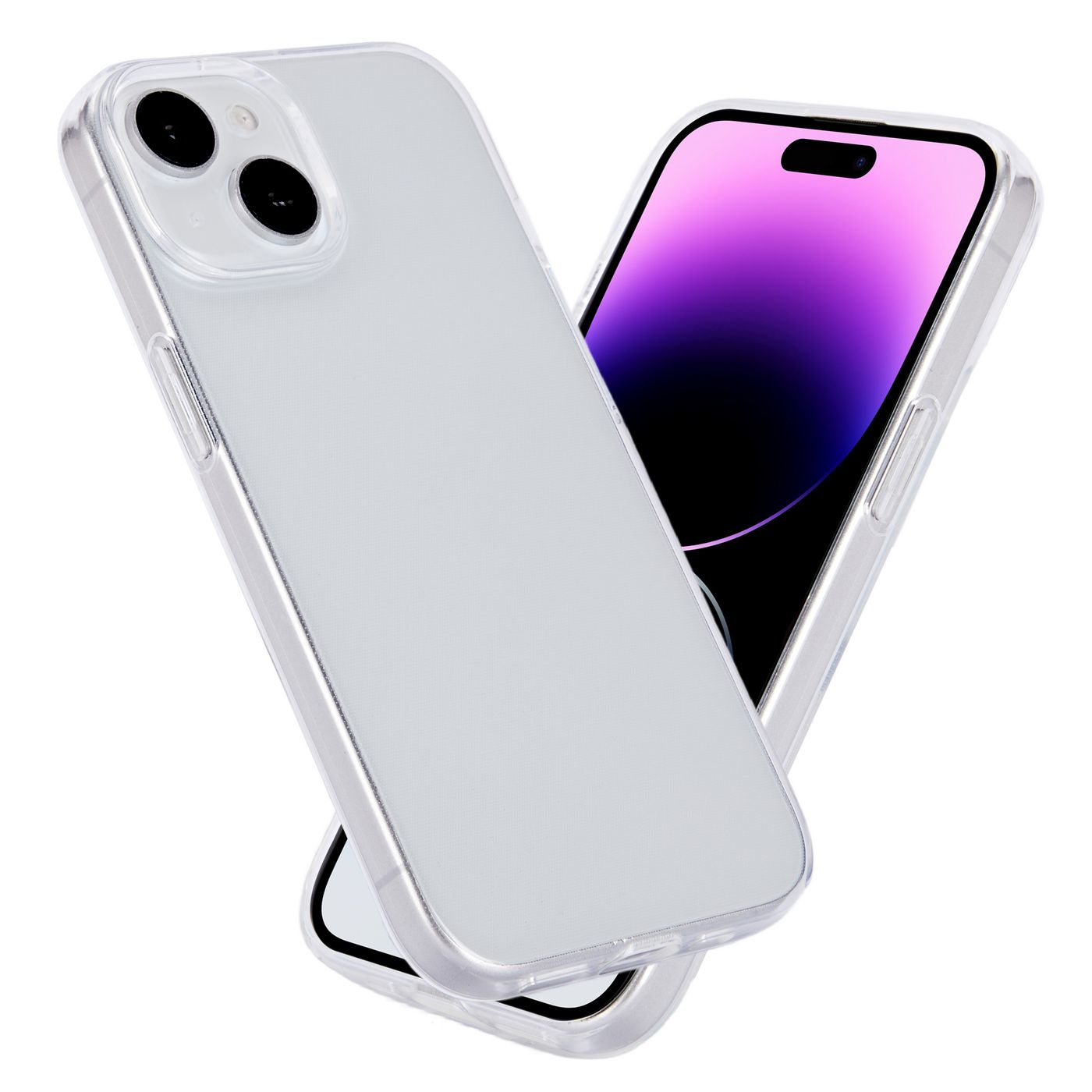 Smartphone in custodia trasparente. Il retro del telefono è visibile. Sfondo viola e bianco.