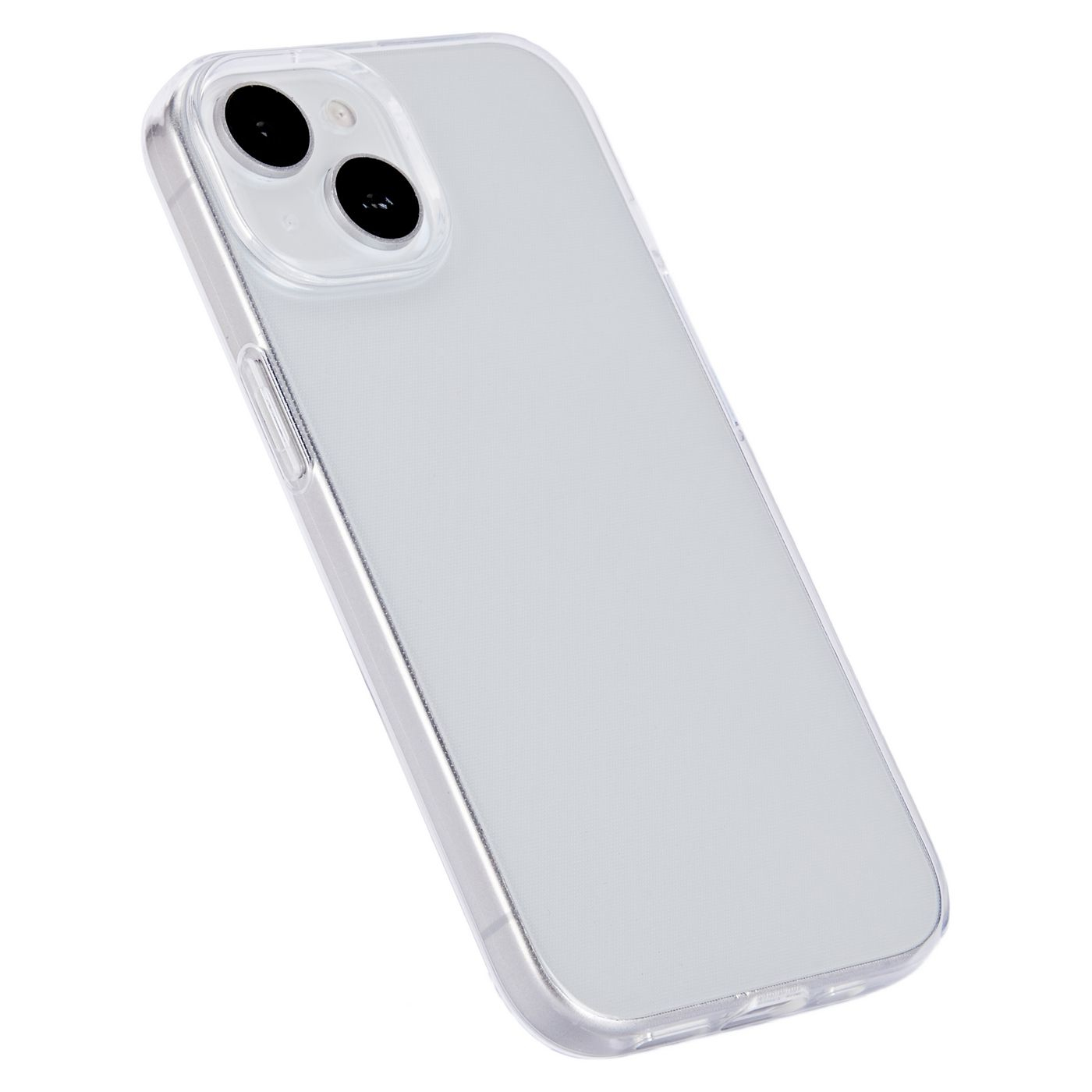 Telefono in custodia trasparente. Il retro del telefono è visibile. Sfondo bianco.