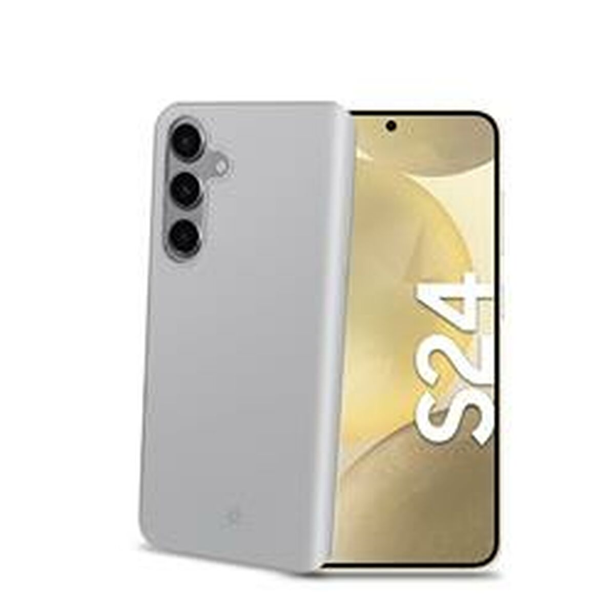 Smartphone in custodia grigia. Il telefono è angolato. Sfondo bianco.