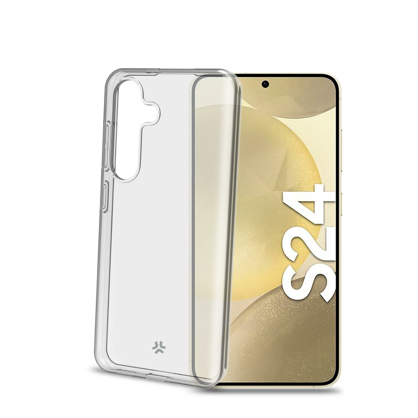 Custodia trasparente su un telefono Samsung S24, sfondo bianco.