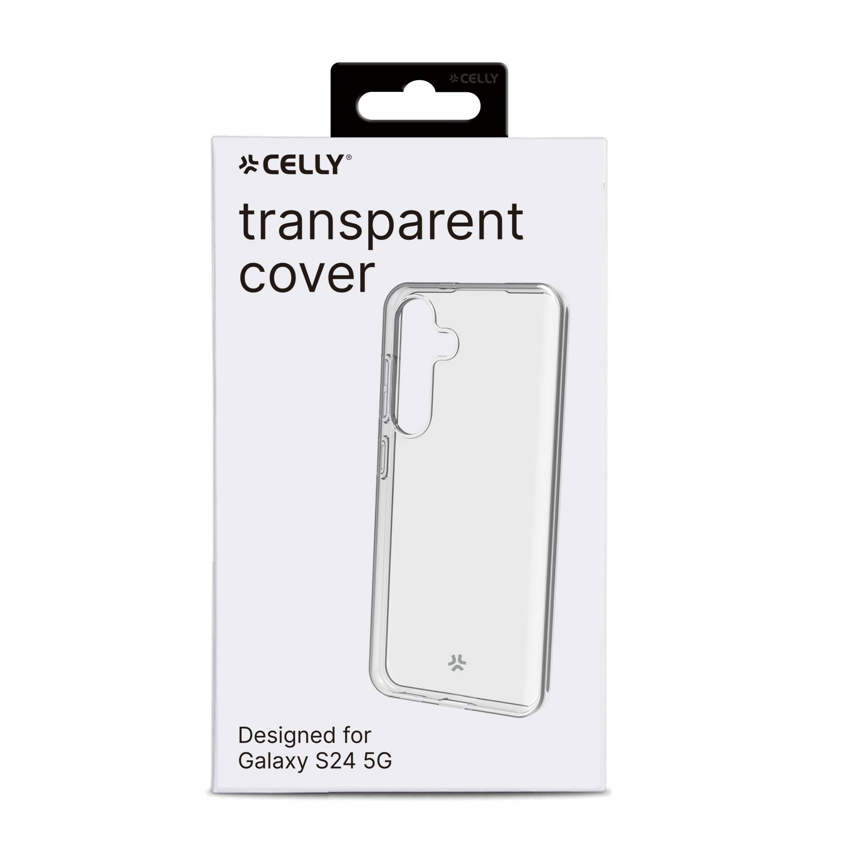 Scatola con custodia trasparente per telefono. È progettato per Galaxy S24 5G. Sfondo bianco.