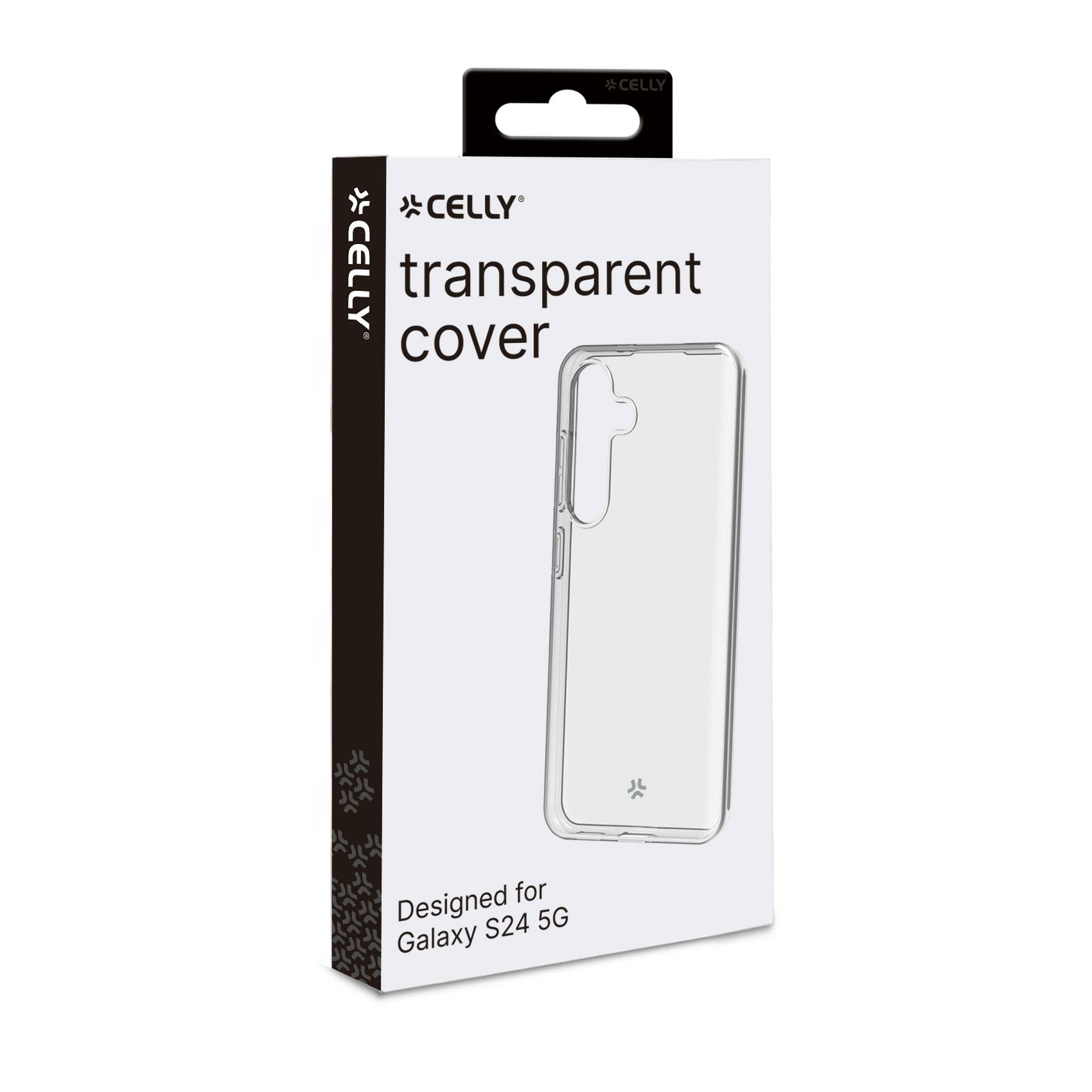 Scatola bianca con una custodia trasparente, etichettata 'Transparent cover' e 'Designed for Galaxy S24 5G'.