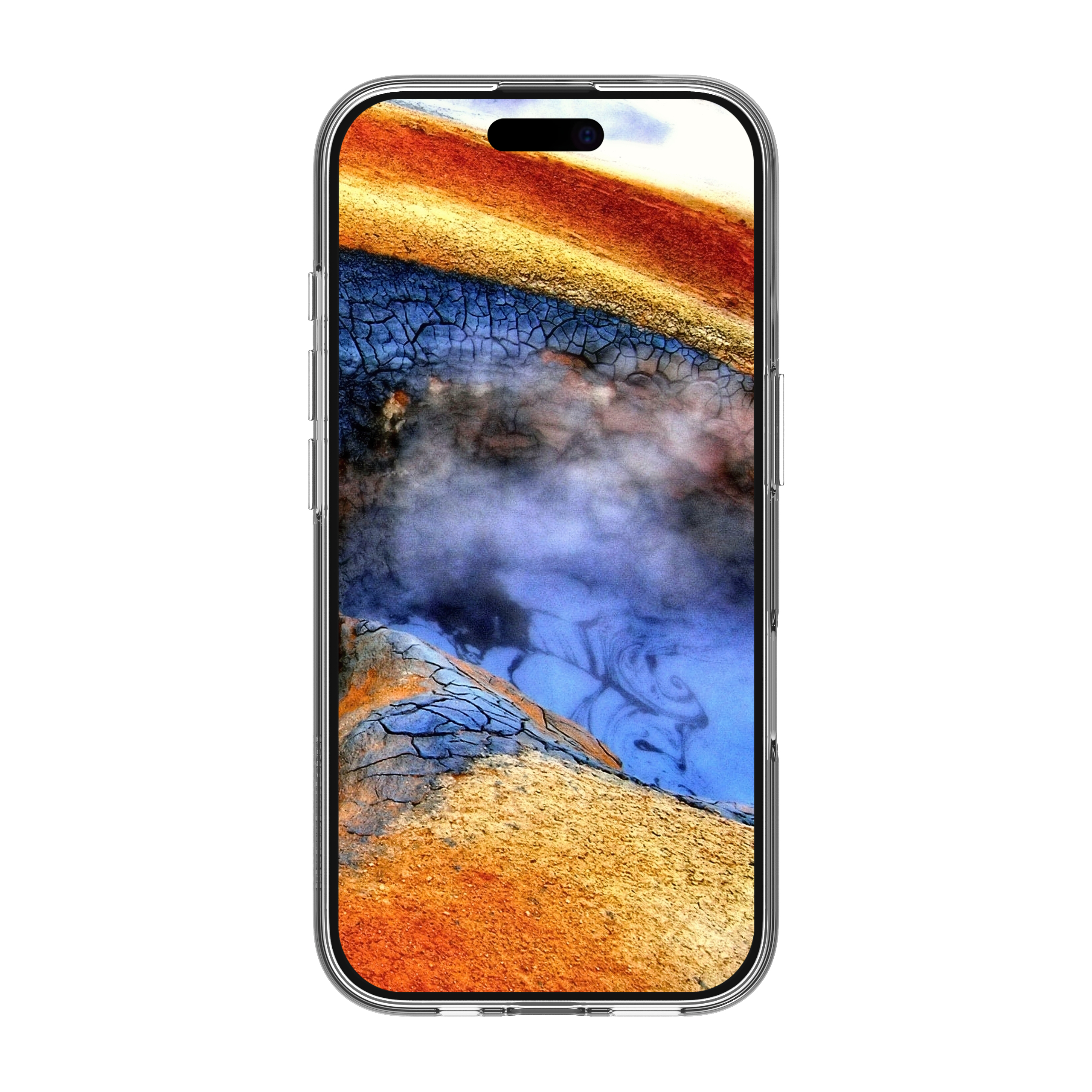 Schermo di smartphone che mostra un paesaggio astratto con tonalità arancioni e blu.