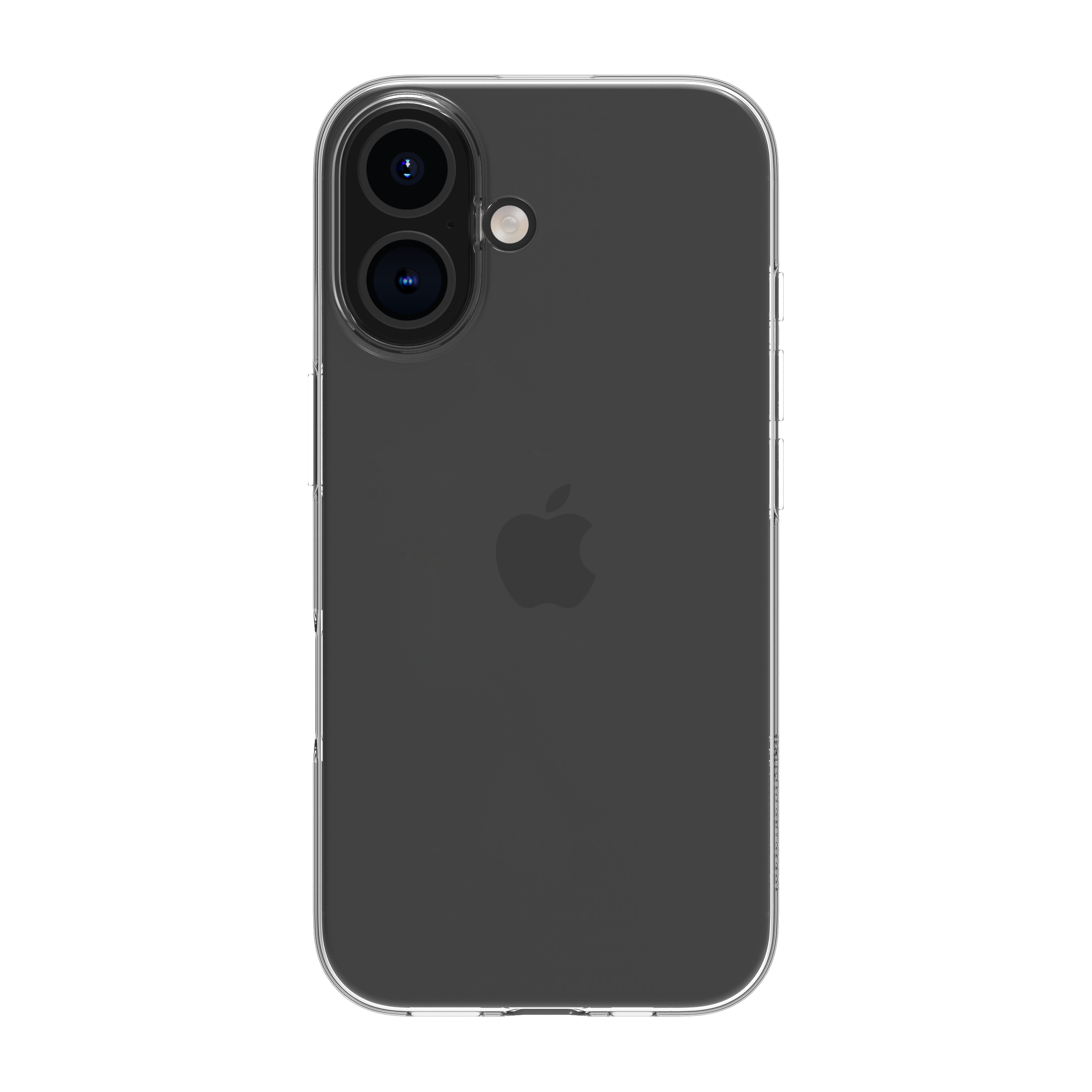 Telefono nero con custodia trasparente, due fotocamere, sfondo bianco.