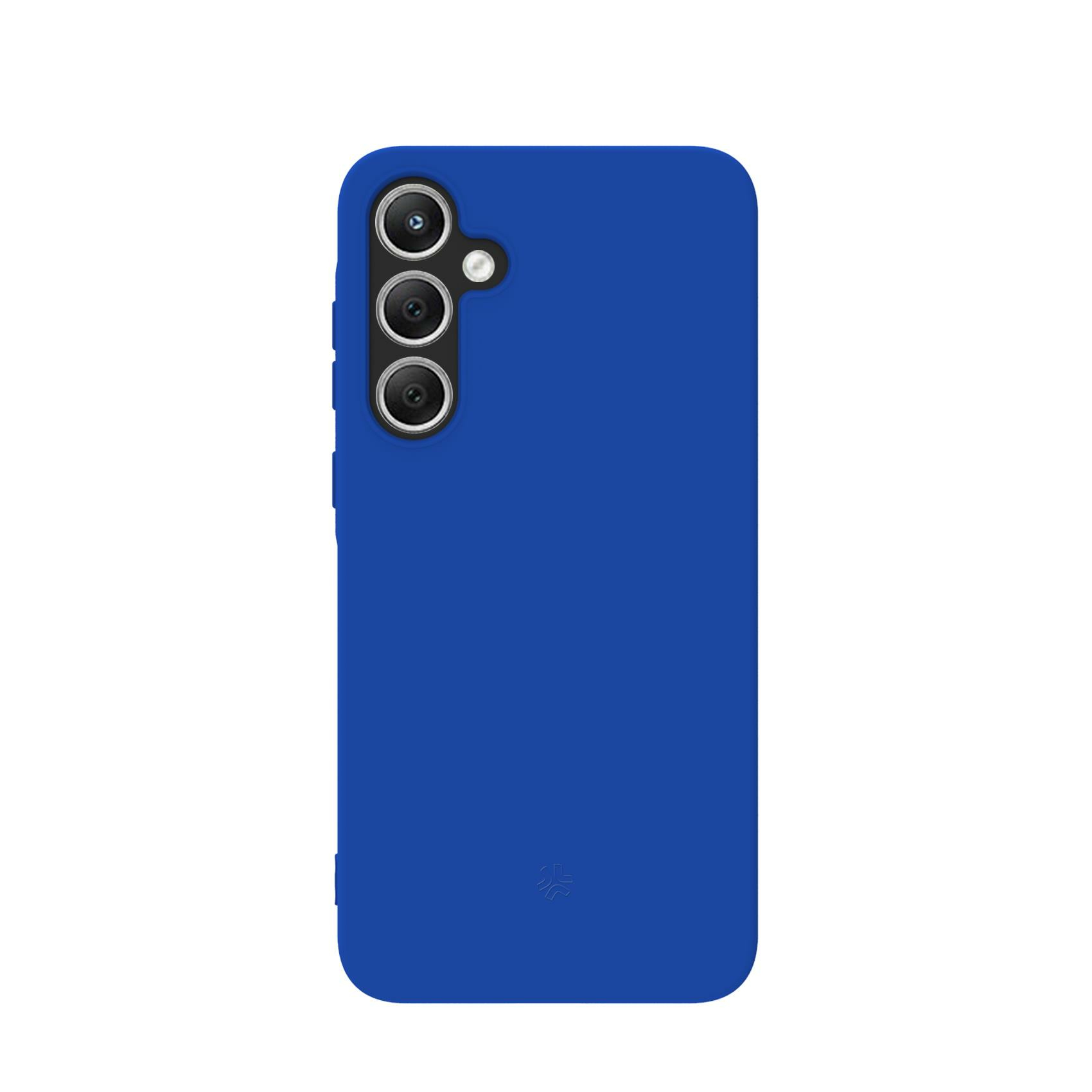 Custodia blu per telefono con tre ritagli per fotocamera, sfondo bianco.