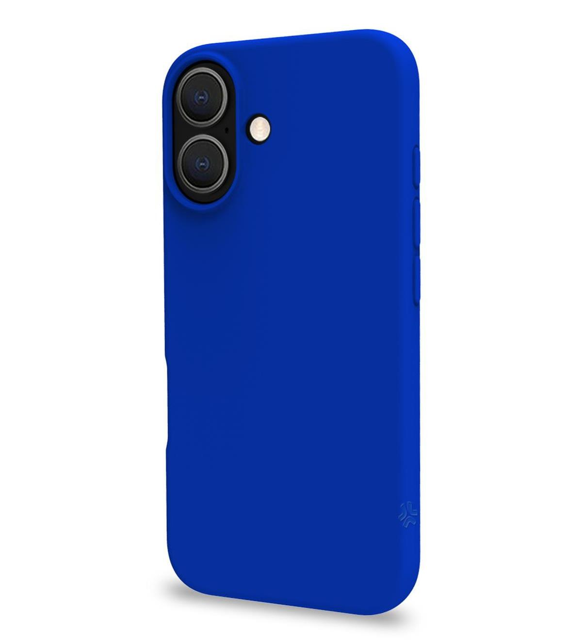 Custodia blu per telefono con fori per fotocamera su sfondo bianco.