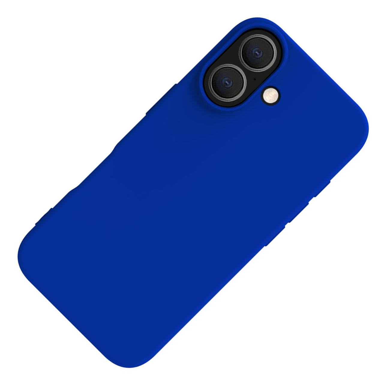 Custodia blu per telefono, angolata, con due obiettivi della fotocamera e un flash.