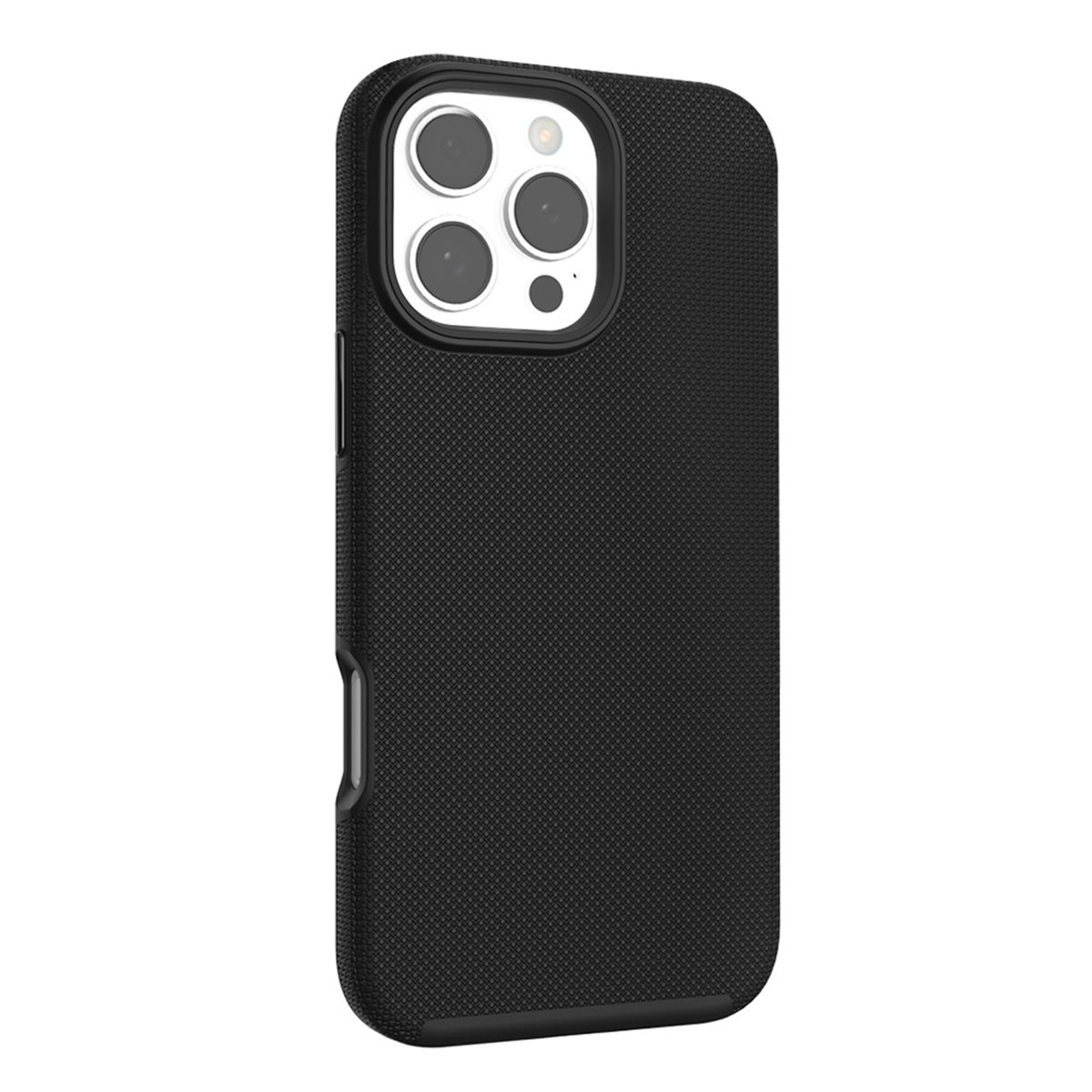 Custodia nera per telefono con retro strutturato e ritaglio per fotocamera.