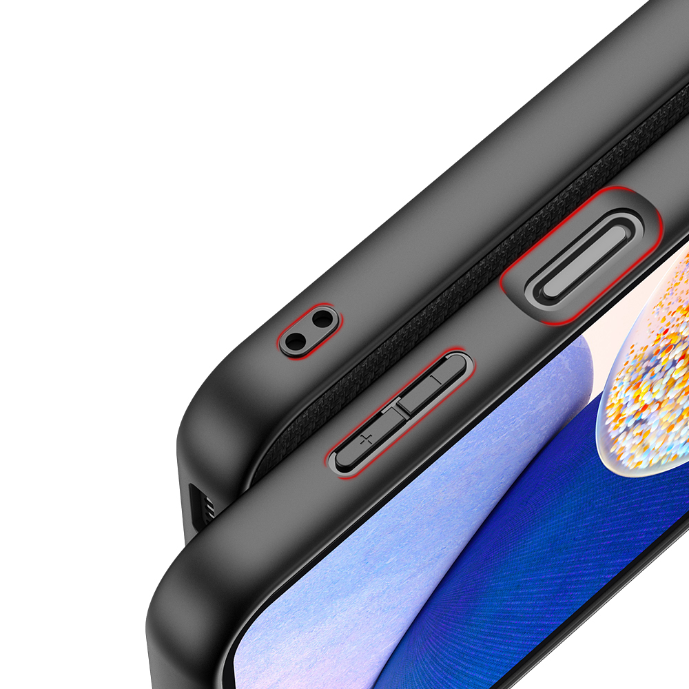 Primo piano di una custodia per telefono con pulsanti e fori laterali.