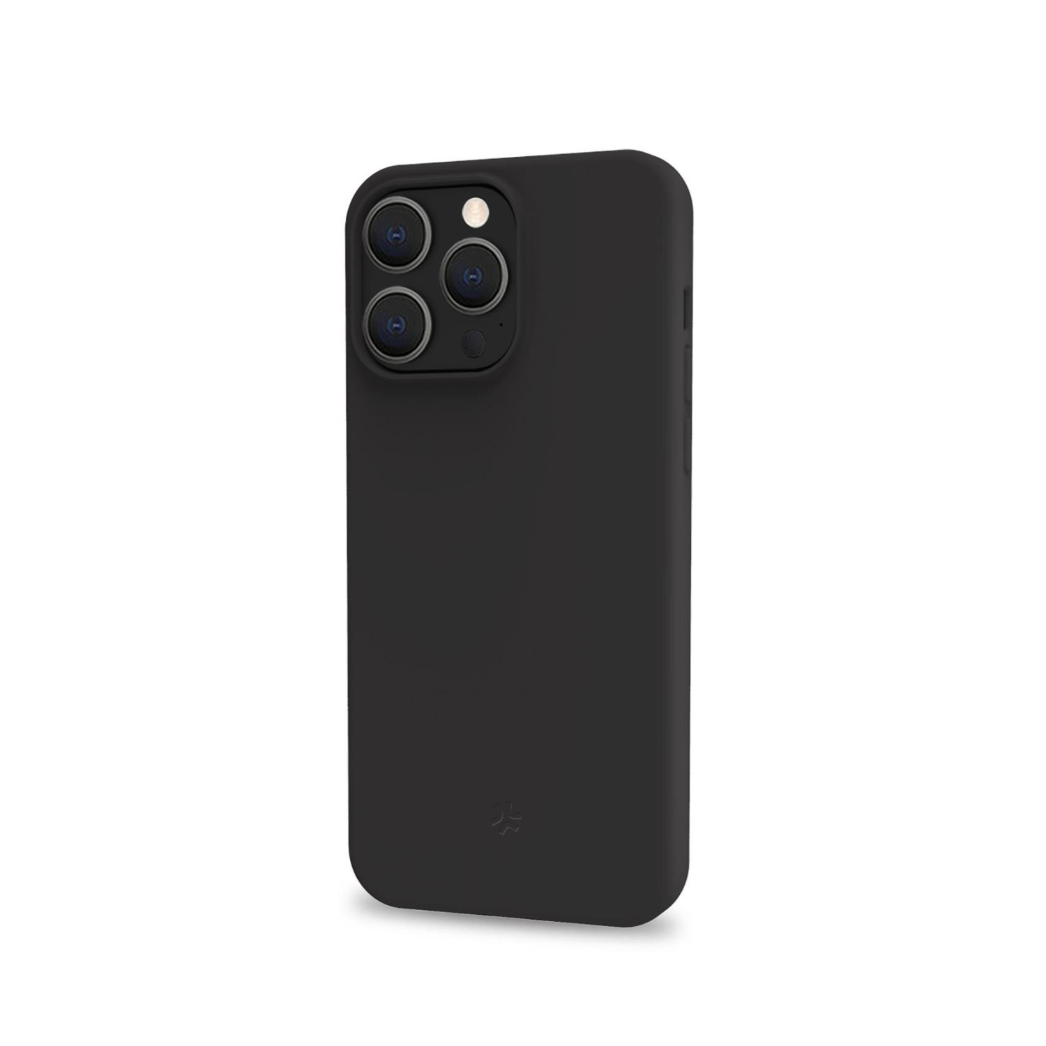 Custodia nera per telefono con ritagli per fotocamera su sfondo bianco.