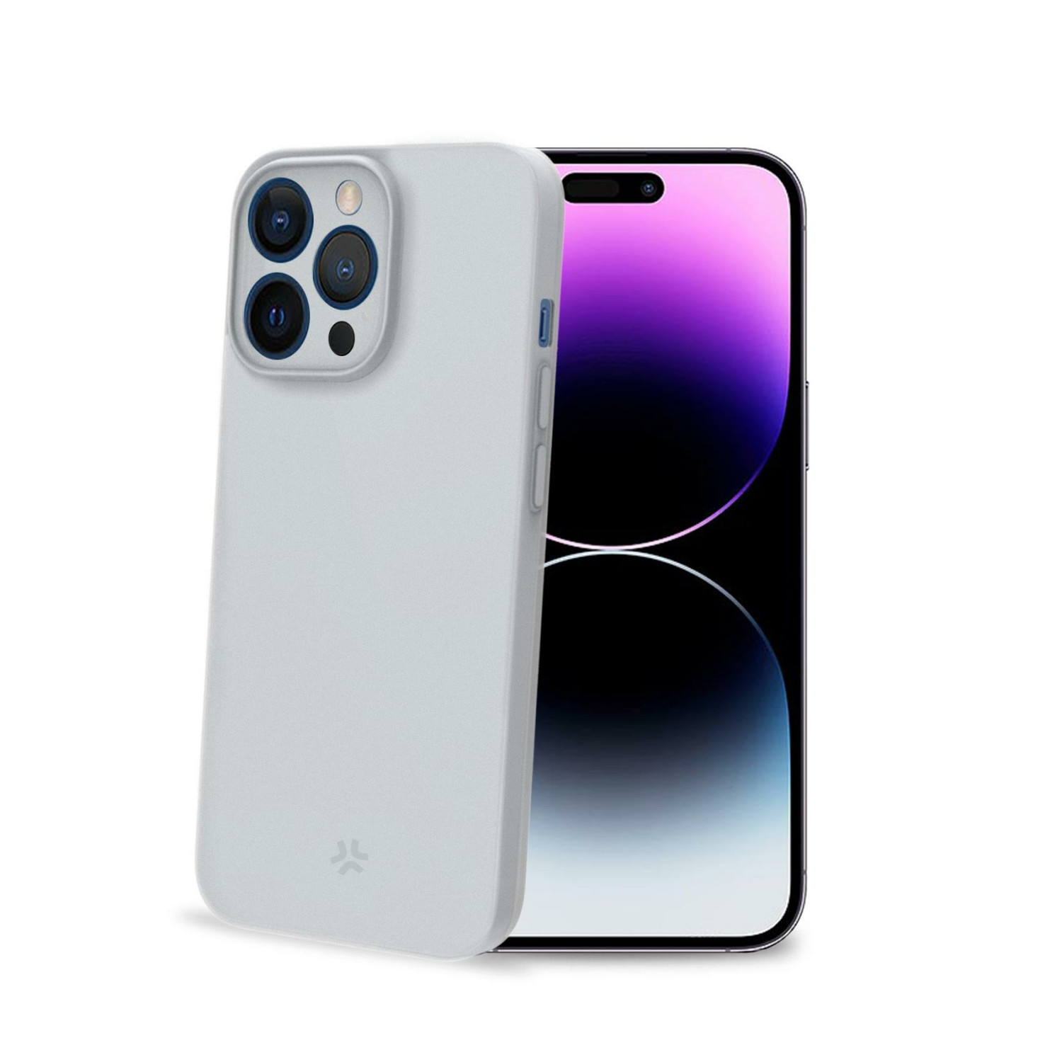 Custodia per telefono grigio chiaro accanto al telefono con tre fotocamere posteriori.