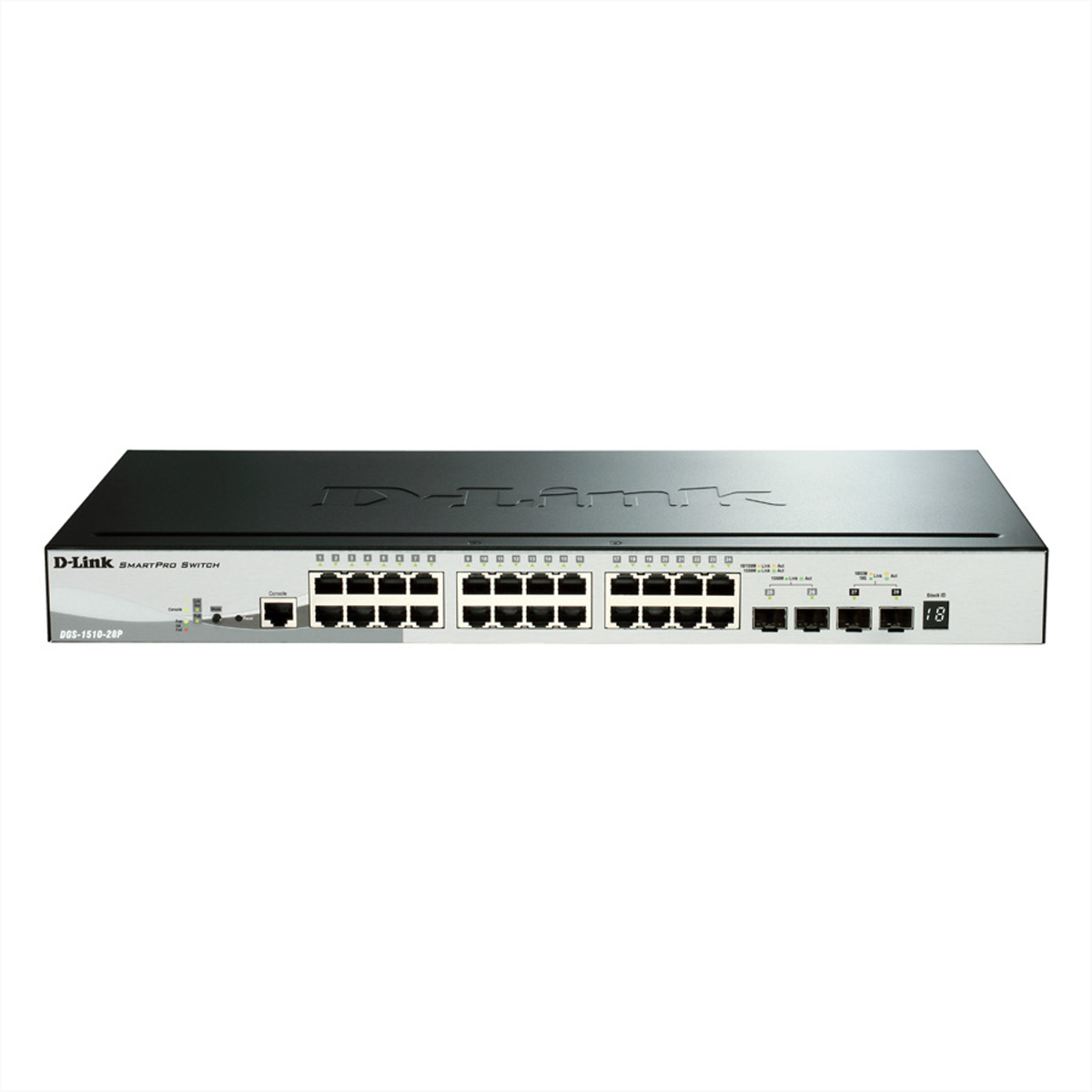 Uno switch D-Link con molte porte. È nero e argento con il logo D-Link e le informazioni sul modello.