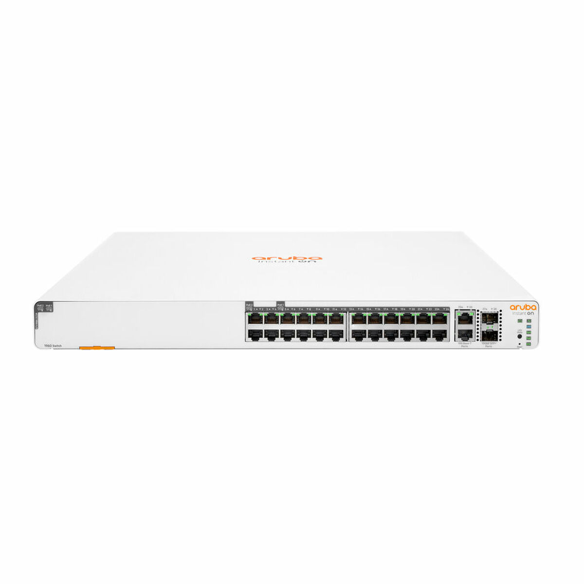 Uno switch Aruba bianco con molte porte. Il logo Aruba è arancione. Lo switch è su uno sfondo bianco.