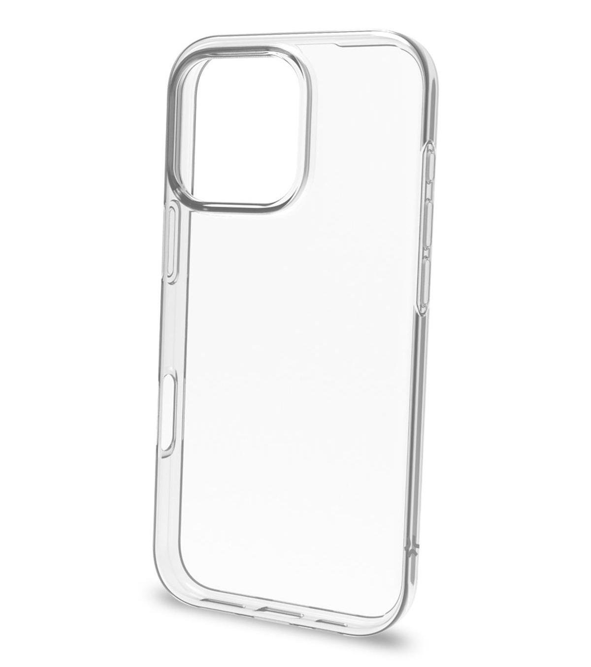 Custodia trasparente per telefono. Foro fotocamera e aperture pulsanti visibili. Sfondo bianco.
