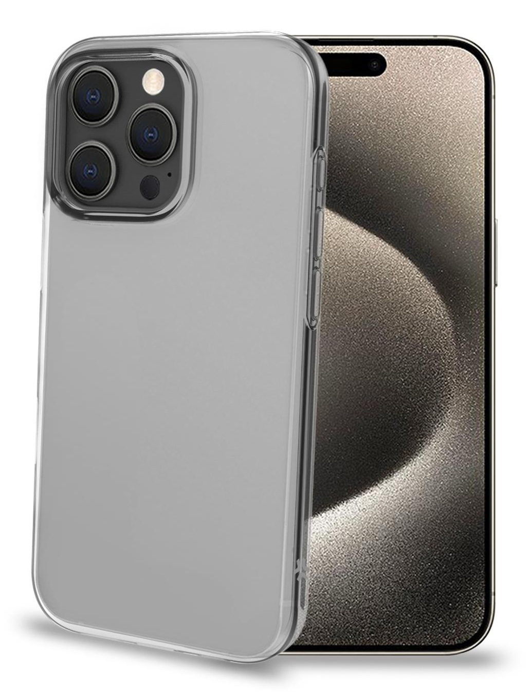 Un telefono con una custodia grigia. La custodia è trasparente e il telefono è visibile. La fotocamera è visibile.