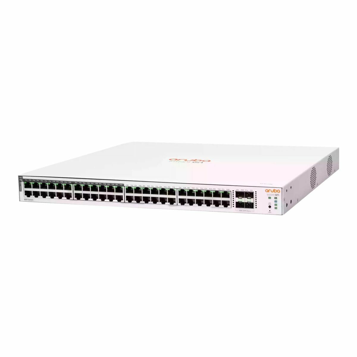 A white network switch with aruba logo and many ports.