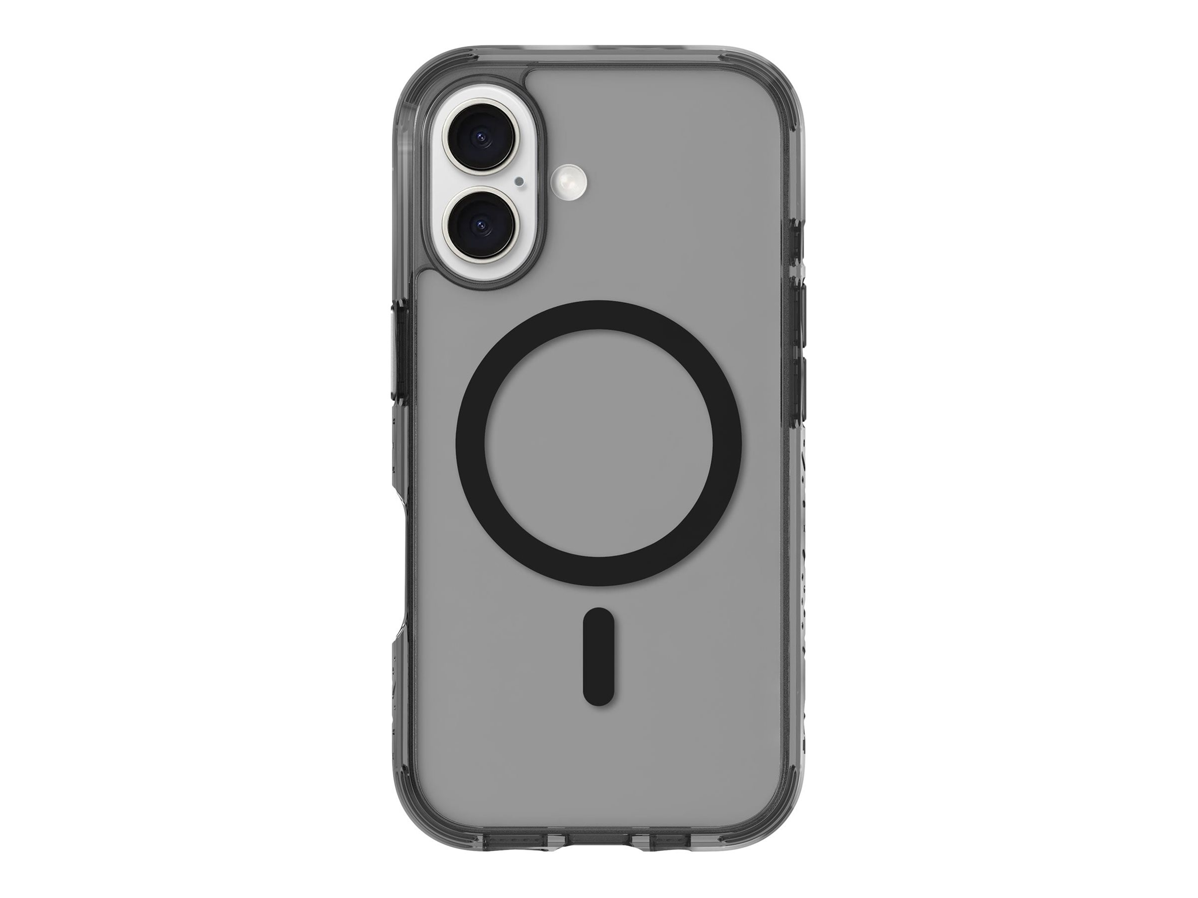 Custodia per telefono con retro grigio, ritagli per fotocamera e un cerchio nero.