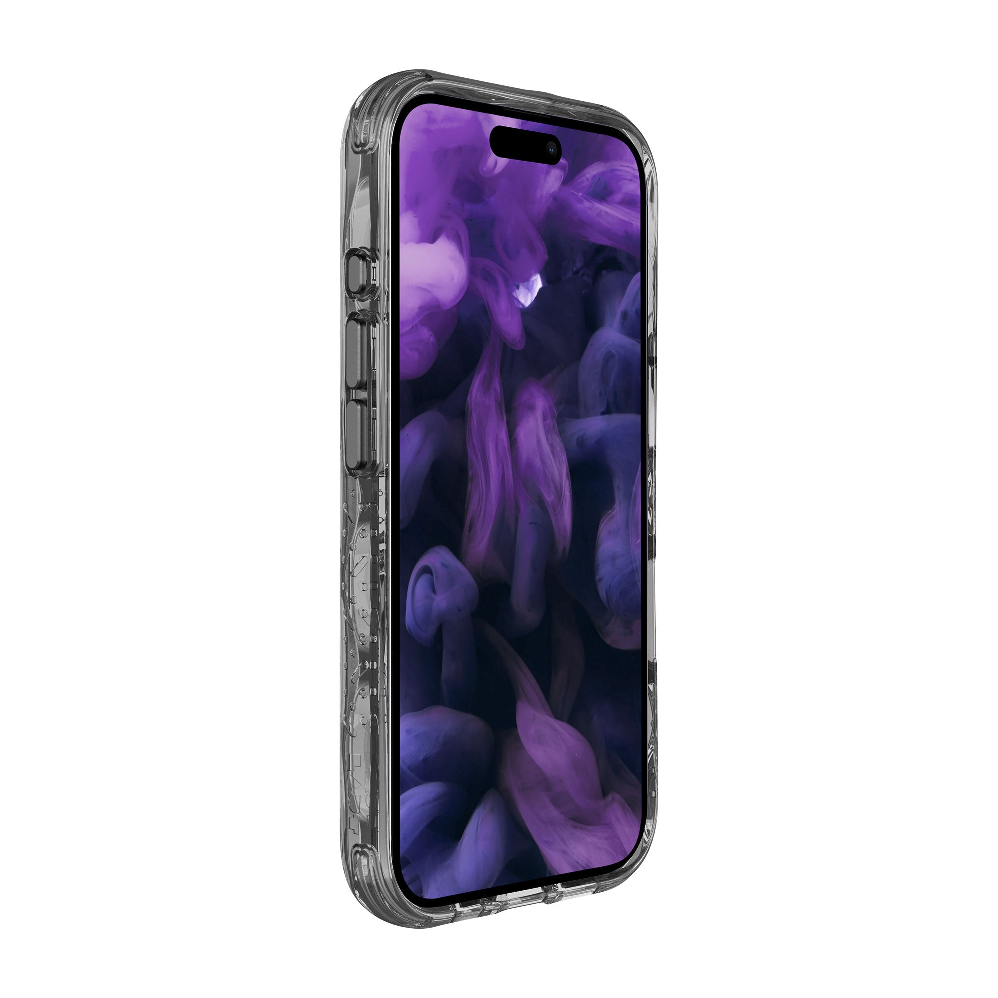 Un telefono con una custodia trasparente, che mostra uno sfondo astratto viola e bianco.