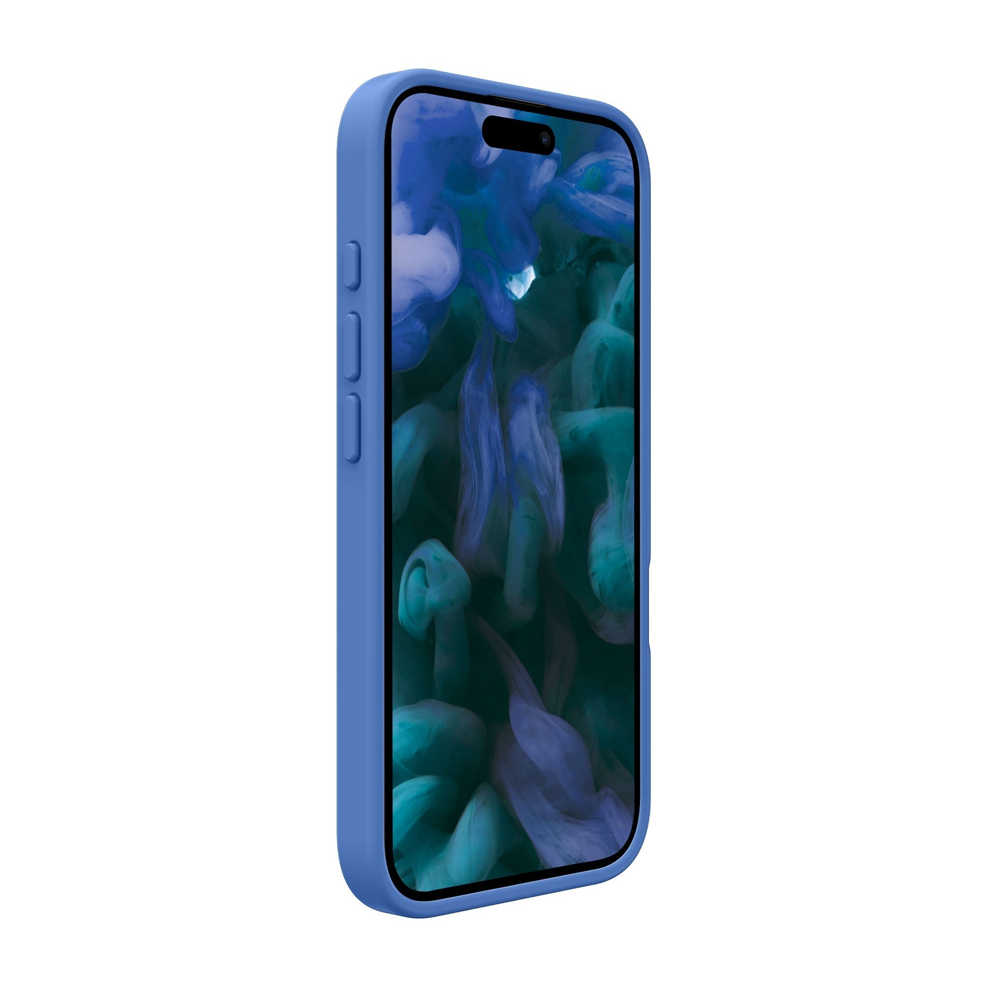 Custodia blu per telefono su un telefono che mostra uno sfondo di arte liquida astratta e colorata.