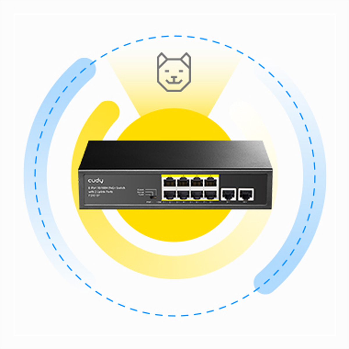Diagramma di uno switch di rete nero con linee tratteggiate che mostrano l'area di copertura.