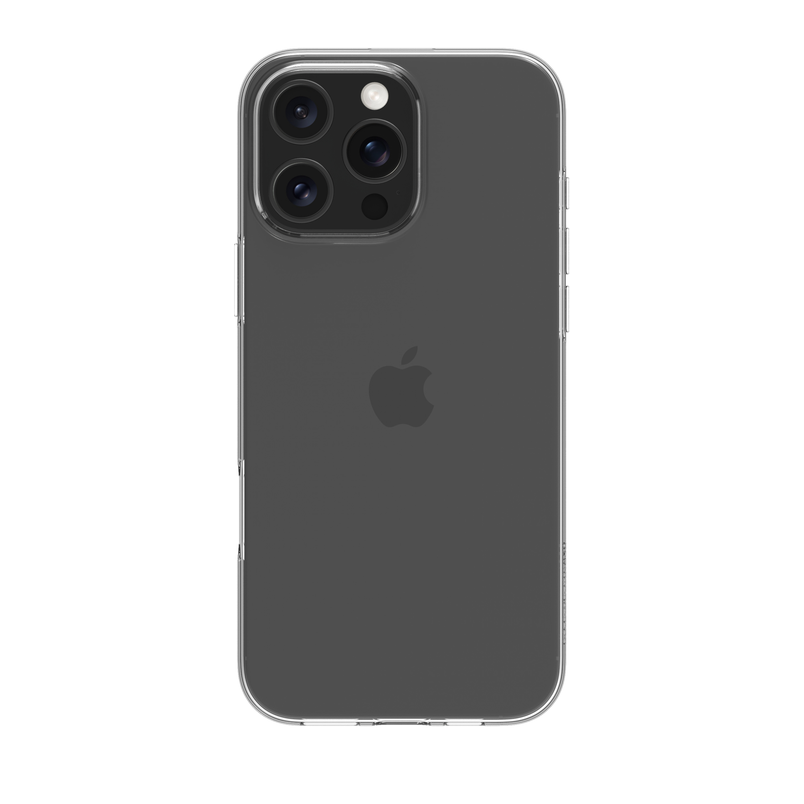 Telefono con una custodia trasparente sul retro. Le fotocamere e il logo Apple sono visibili.