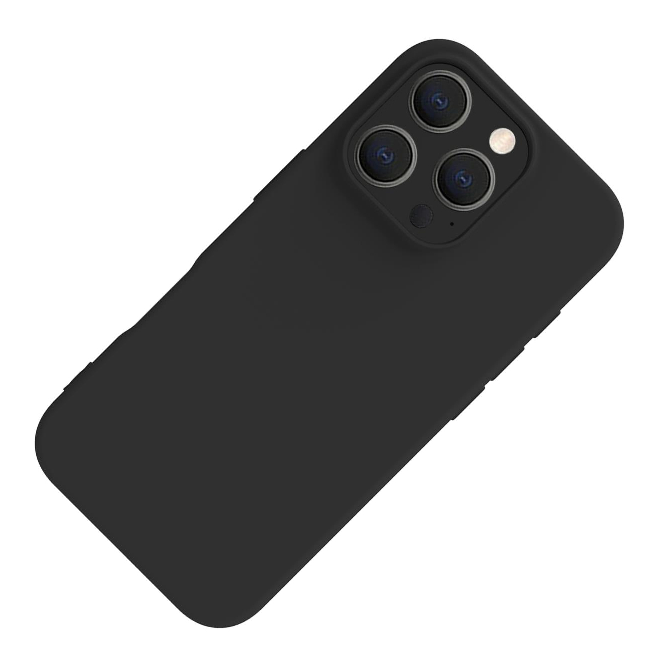 Una custodia nera per telefono con tre obiettivi della fotocamera e un flash, su sfondo bianco.