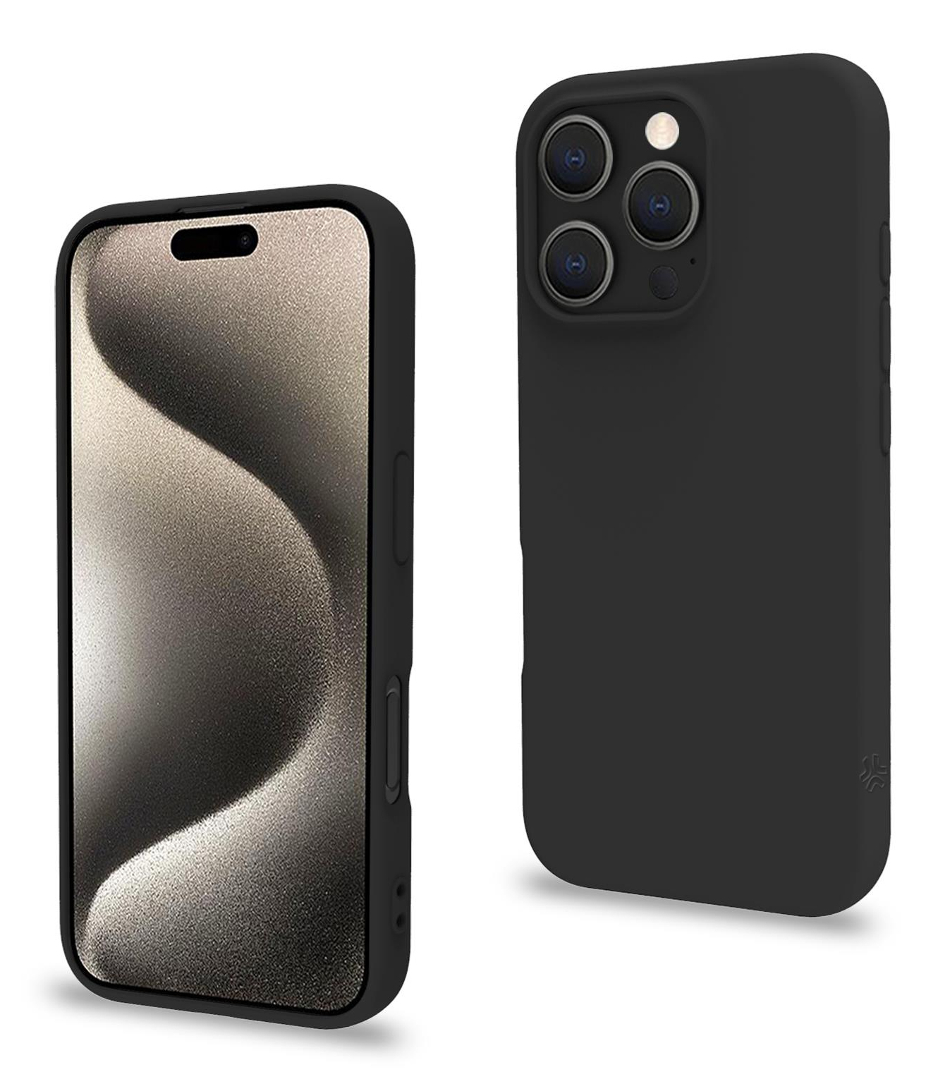 Custodia nera per telefono su un telefono, con lo schermo del telefono visibile. Il telefono è nero.