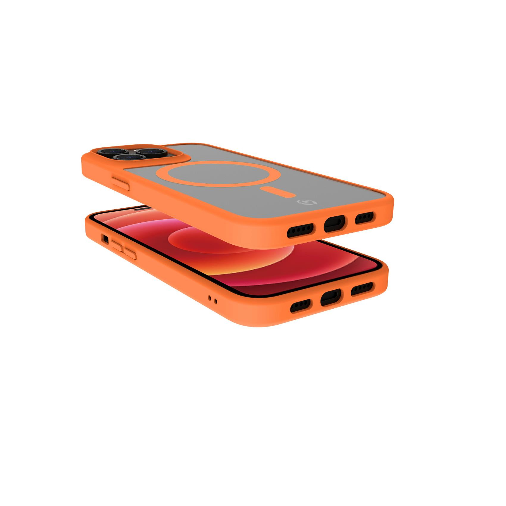 Due custodie per iPhone, una arancione e una trasparente, entrambe con anello MagSafe.