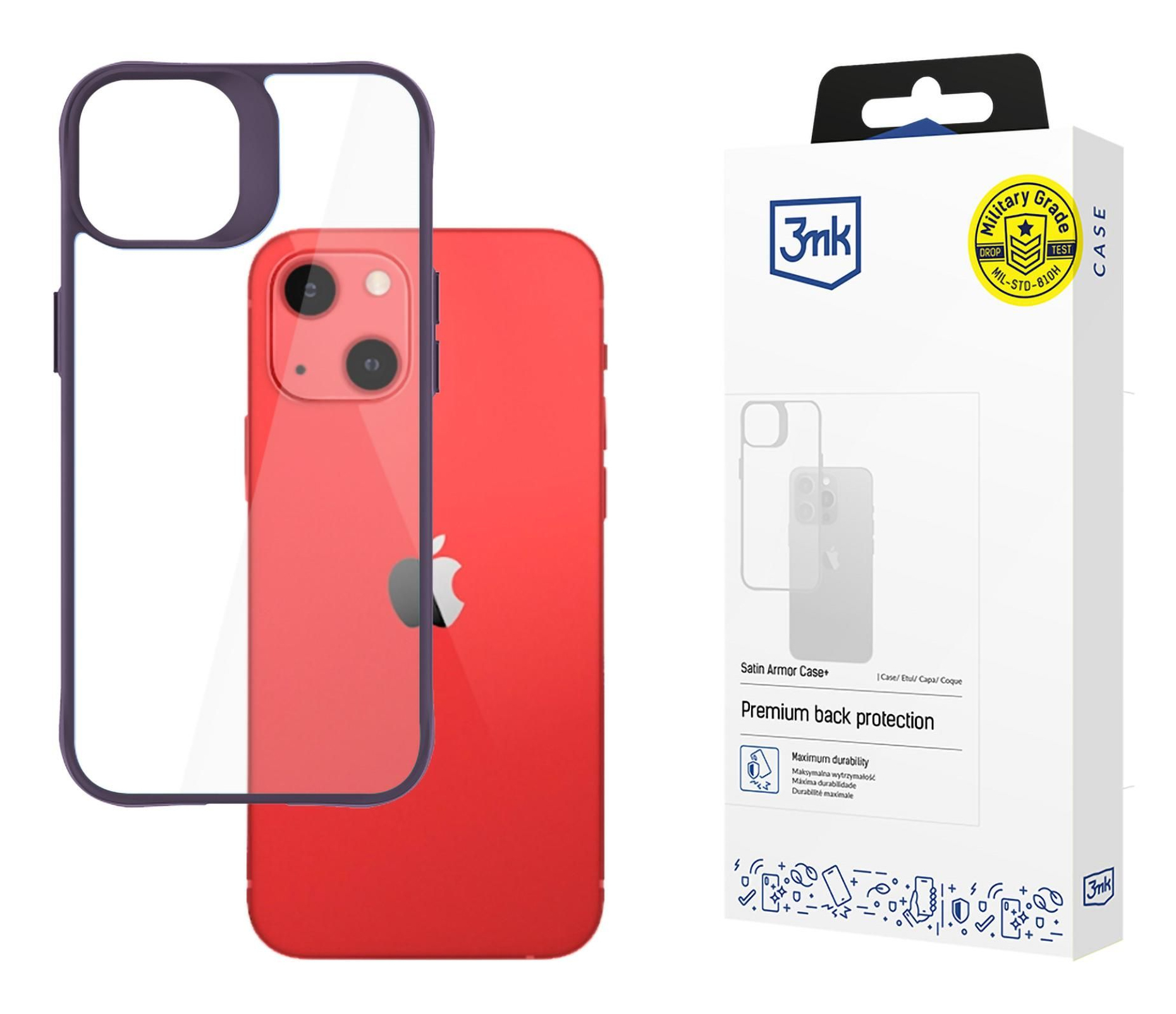 Un telefono rosso all'interno di una custodia trasparente, con un bordo viola, accanto a una scatola bianca con un logo.