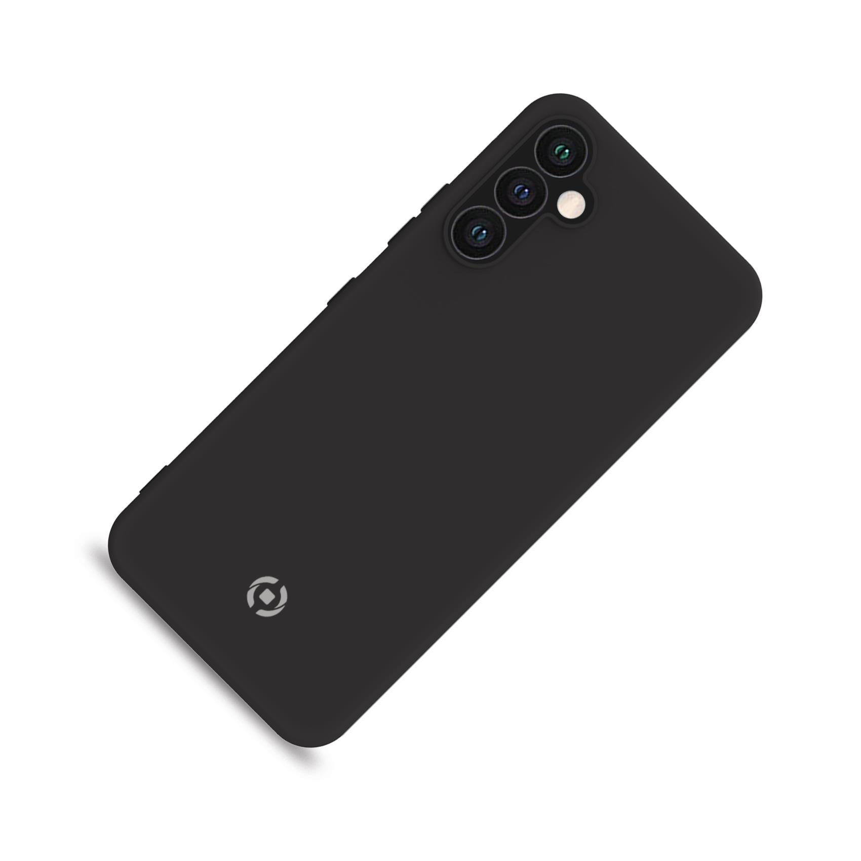 Funda de teléfono negra, en ángulo, sobre un fondo blanco, mostrando las cámaras traseras.