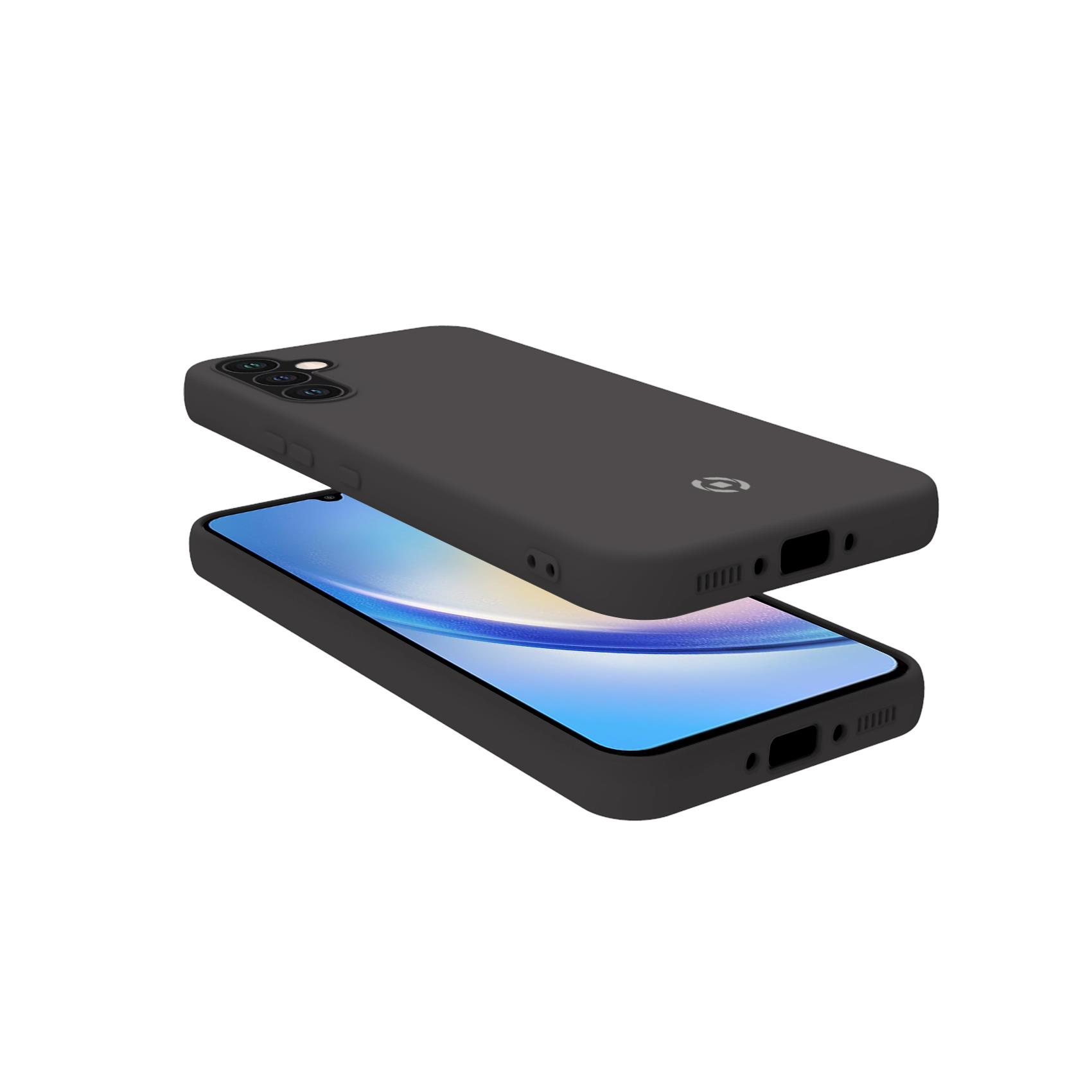 Funda de teléfono negra sobre un teléfono. El teléfono muestra una pantalla azul y blanca.